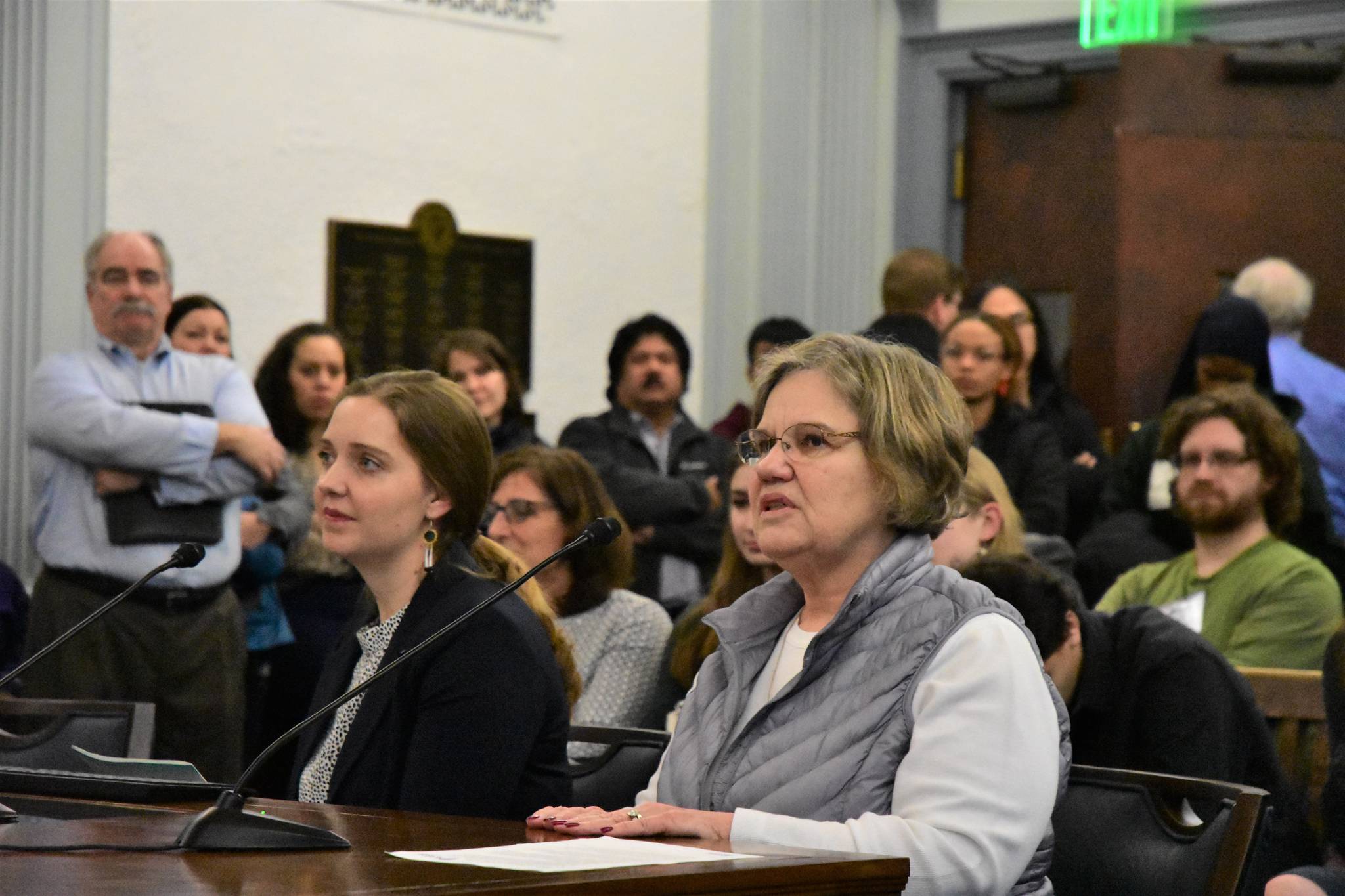 photo by Peter Segall | Juneau Empire                                Katie Oliver, left, and Judy Carstens of the Kodiak Island Borough School District Board of Education give testimony Monday to the Senate Education Committee at the Alaska State Capitol.