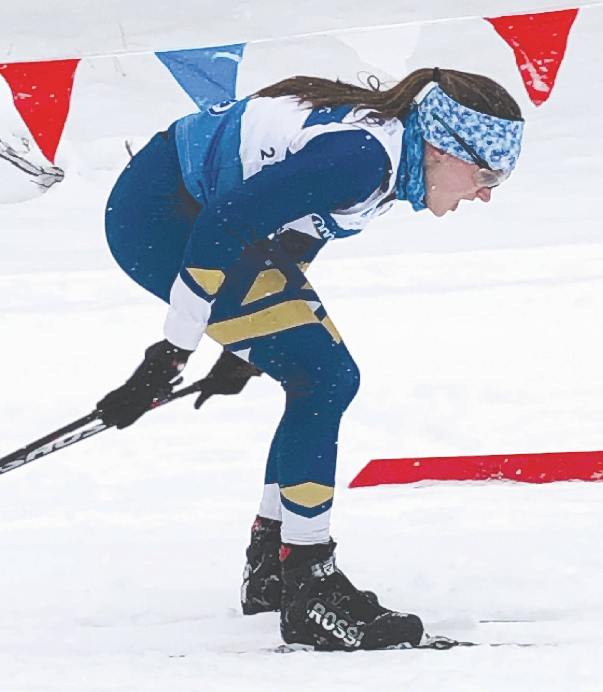 Homer’s Autumn Daigle double-poles late in the girls 7.5-kilometer classic race Friday at the Alaska state Nordic ski championships at Kincaid Park in Anchorage. (Photo by Joey Klecka/For the Clarion)
