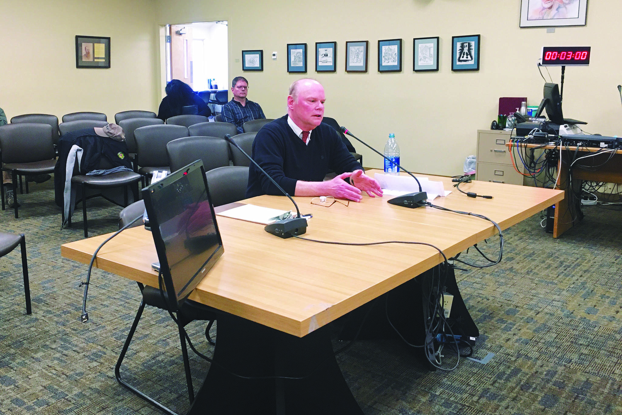 Randy Robertson, a candidate for the Homer city manager position, interviews in front of the Homer City Council on Wednesday, Feb. 26, 2020 at Homer City Hall in Homer, Alaska. The council voted 4-2 to offer the position to Robertson. (Photo by Megan Pacer/Homer News)
