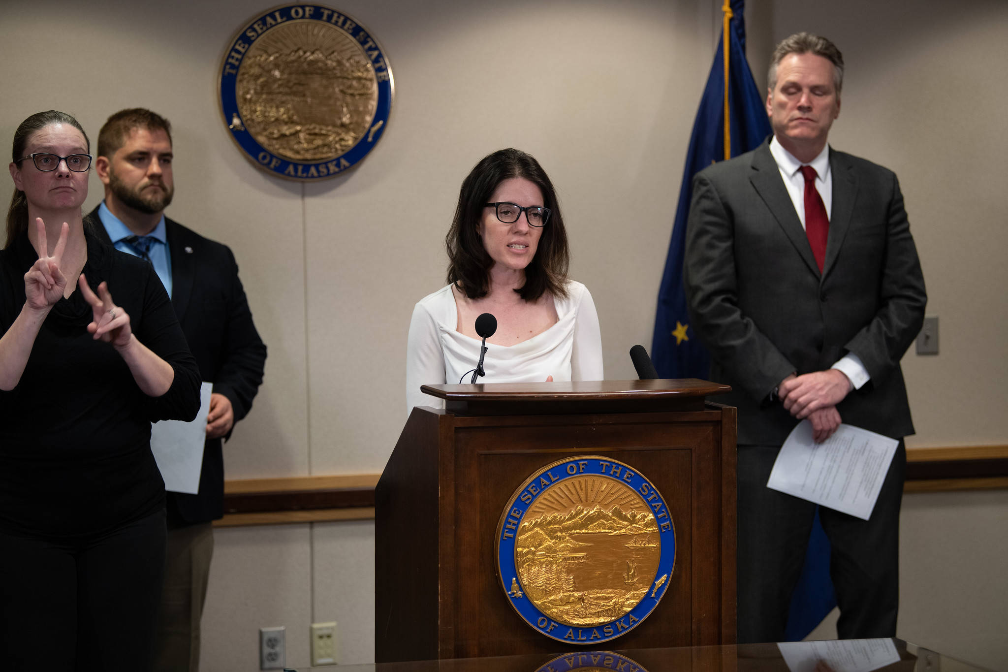 Chief Medical Officer Dr. Anne Zink speaks at a press conference on Friday, March 20, 2020 in Anchorage, Alaska. (Photo courtesy Office of the Governor)