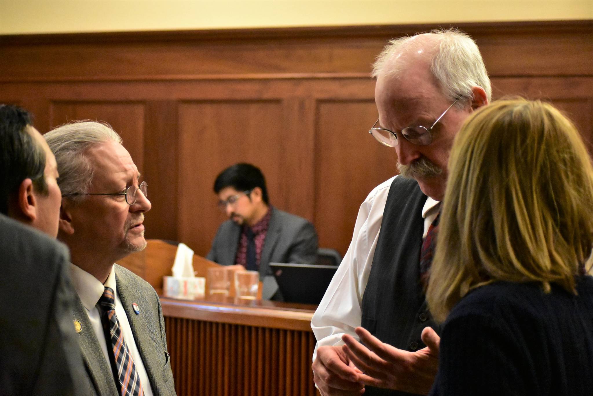 Senators discuss amendments to a COVID-19 emergency funding bill on the floor of the Senate on Tuesday, March 24, 2020. (Peter Segall | Juneau Empire)