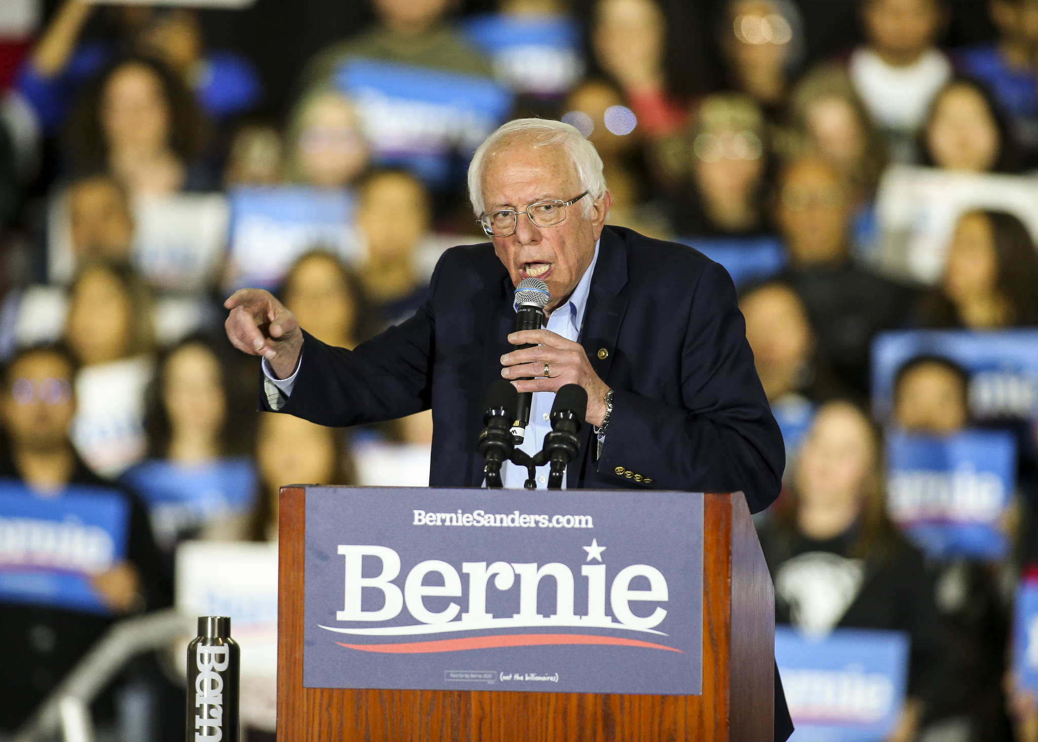 U.S. Democratic Presidential candidate Sen. Bernie Sanders speaks to his supporters during a campaign rally at the San Jose Convention Center South Hall on March 2, 2020 in San Jose. (Chris Victorio | Special to S.F. Examiner).