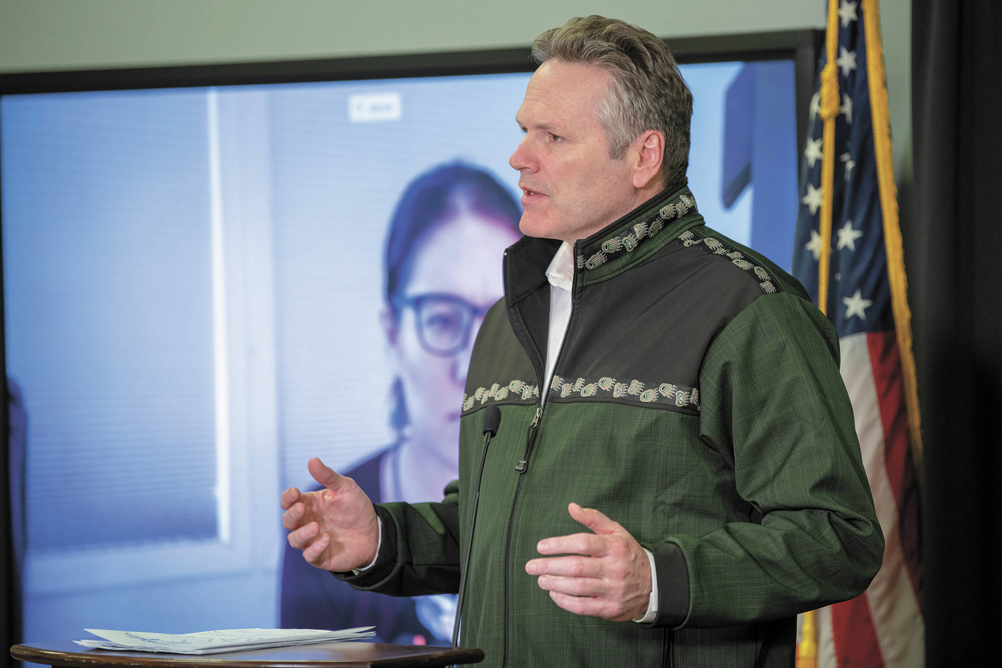Gov. Mike Dunleavy speaks during a Tuesday, March 31, 2020 press conference in the Atwood Building in Anchorage, Alaska. (Photo courtesy Office of the Governor)