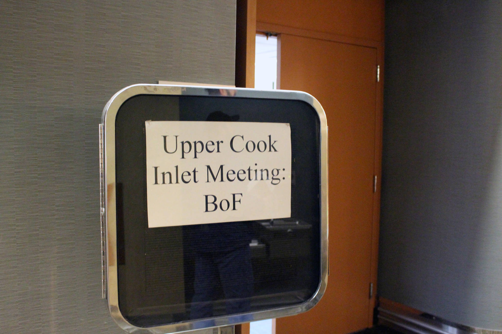 A sign welcoming visitors to the Alaska Board of Fisheries Upper Cook Inlet Finfish meeting is seen here at the William A. Egan Convention Center in Anchorage, Alaska on Feb. 11, 2020. (Photo by Brian Mazurek/Peninsula Clarion)