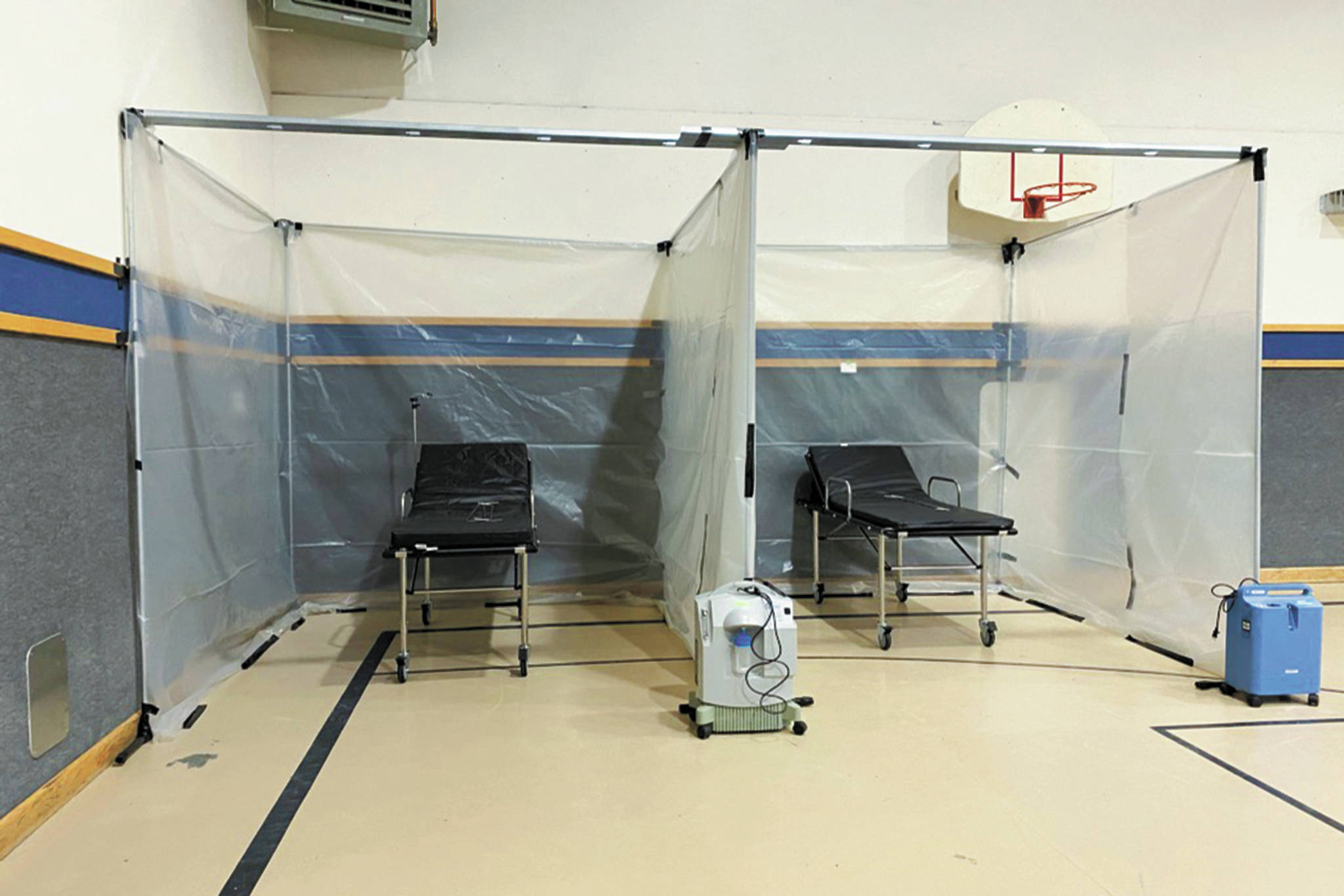 Spots for patients are shown at an alternate care site being set up at Christian Community Church on Bartlett Street in Homer, Alaska. This site will be used by South Peninsula Hospital to care for COVID-19 patients with moderate needs. (Photo courtesy South Peninsula Hospital)