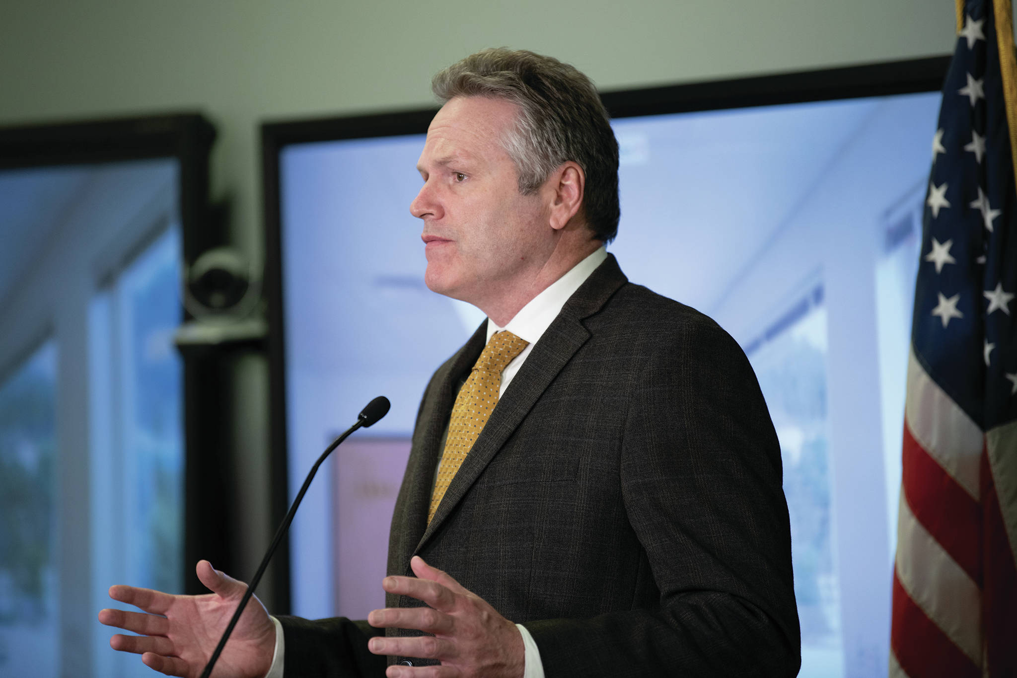 Gov. Mike Dunleavy speaks at a press conference on the budget on April 7, 2020, in Juneau, Alaska. He later met with reporters to speak about 22 new COVID-19 cases reported on Tuesday. (Photo by Austin McDaniel/Office of the Governor)