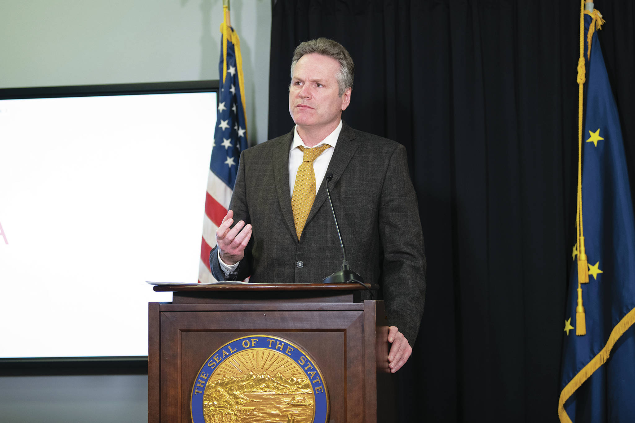 Gov. Mike Dunleavy speaks during a Tuesday, April 7, 2020 press conference in the Atwood Building in Anchorage, Alaska. (Photo courtesy Office of the Governor)