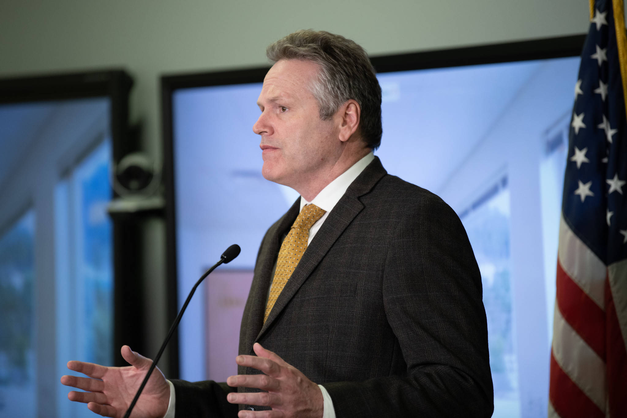Courtesy photo | Office of Gov. Mike Dunleavy                                Gov. Mike Dunleavy speaks at a press conference in Anchorage on Tuesday.
