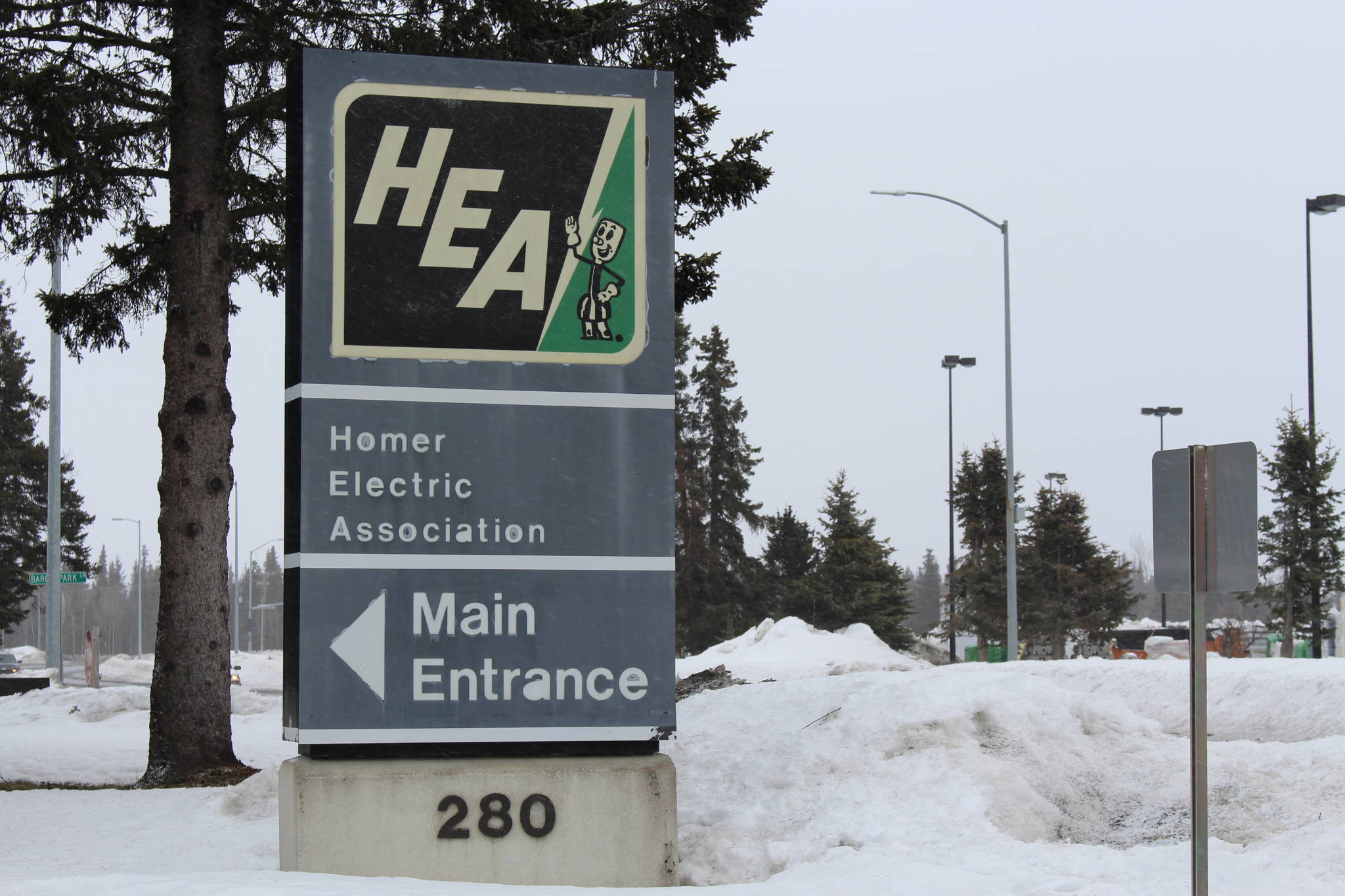 Photo by Brian Mazurek/Peninsula Clarion                                 The sign in front of the Homer Electric Association building in Kenai, Alaska, as seen on April 1, 2020.