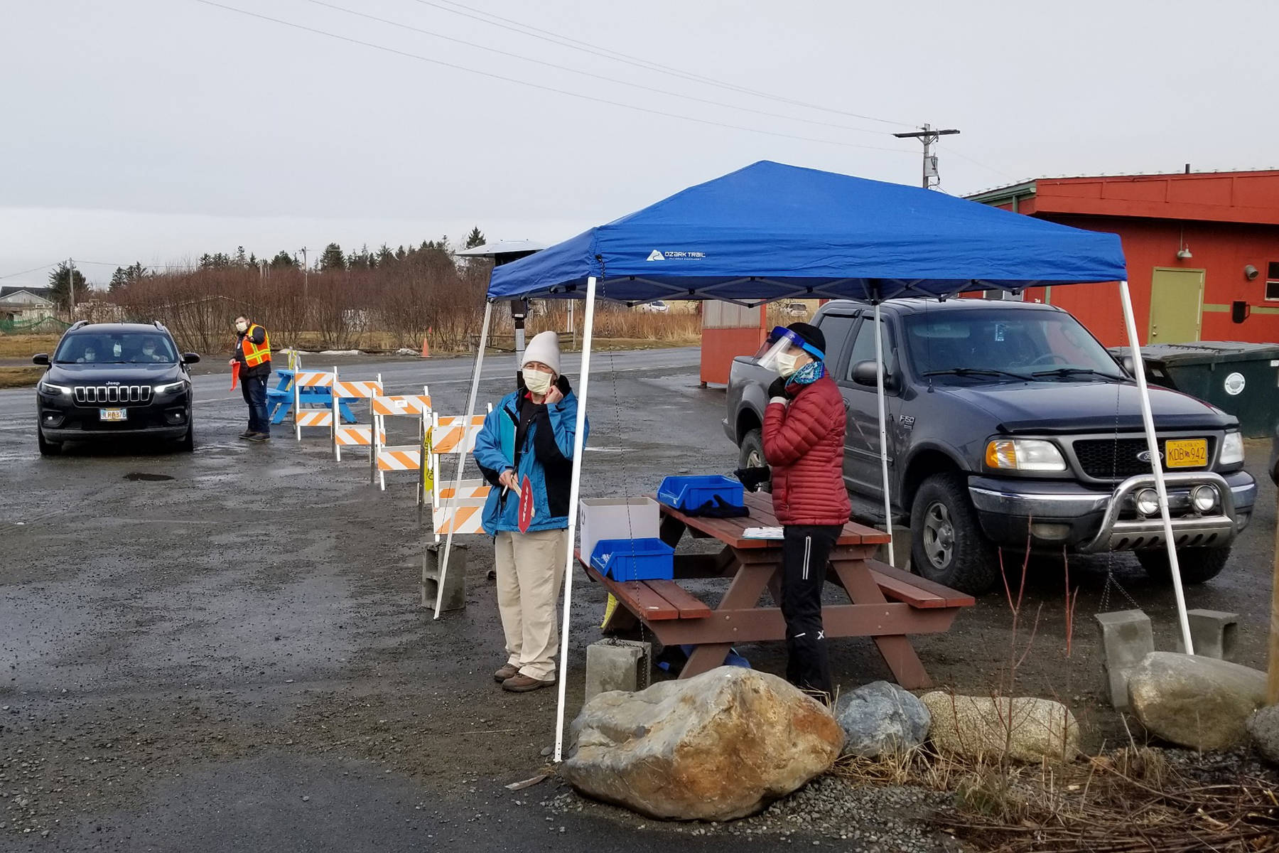 South Peninsula Hospital staff practice using the alternate COVID-19 testing site being set up at the Homer Chamber of Commerce and Visitor Center in Homer, Alaska. The site will only be opened if increased referrals for testing necessitates it. (Photo courtesy Derotha Ferraro)