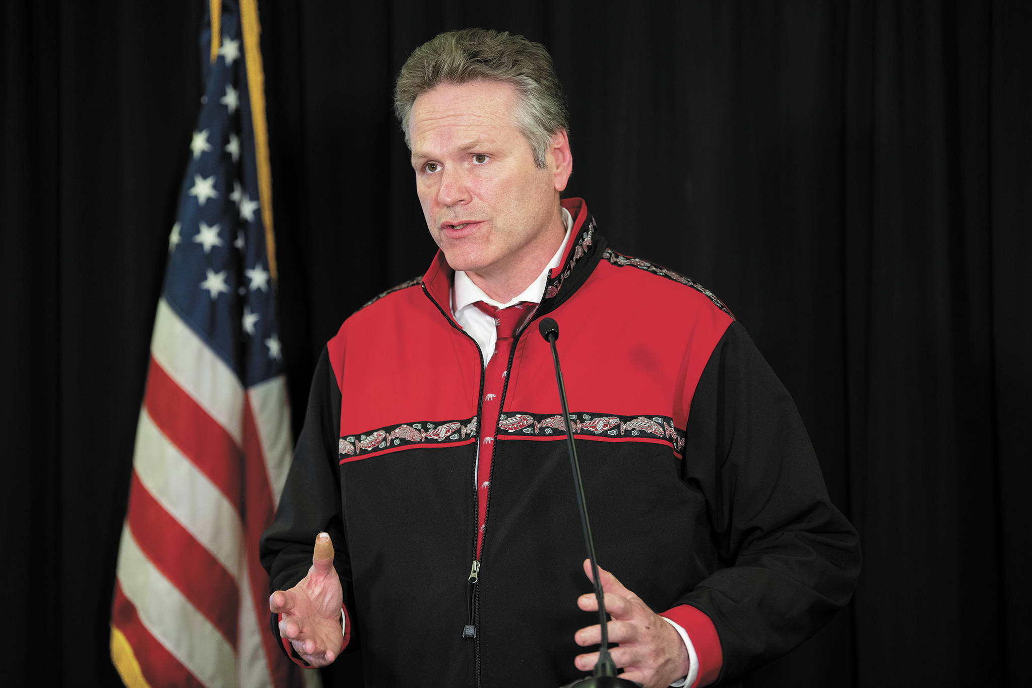 Gov. Mike Dunleavy speaks during a Tuesday, April 14, 2020 press conference in the Atwood Building in Anchorage, Alaska. (Photo courtesy Office of the Governor)