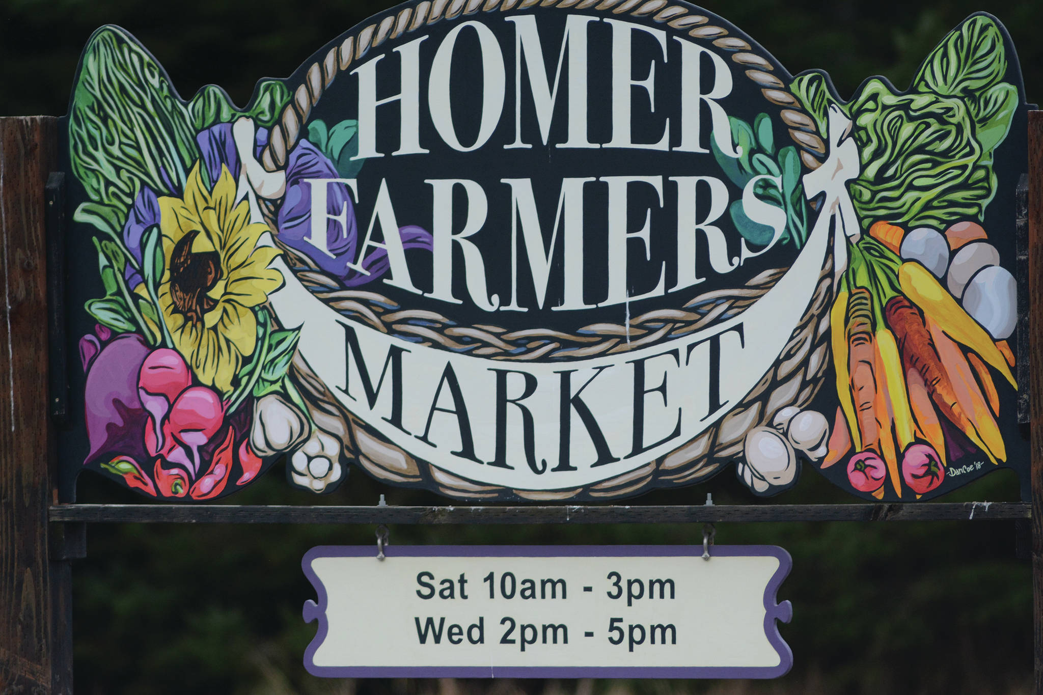 The sign at the Homer Farmers Market on Ocean Drive, as seen on April 24, 2020, in Homer, Alaska. (Photo by Michael Armstrong/Homer News)