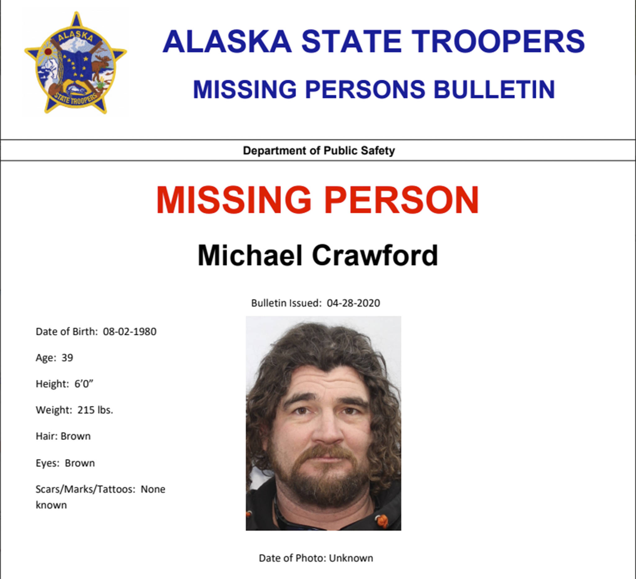 This missing person bulletin from the Alaska State Troopers shows Michael Crawford of Homer, who went missing near Cooper Landing last week. (Image courtesy Alaska State Troopers)