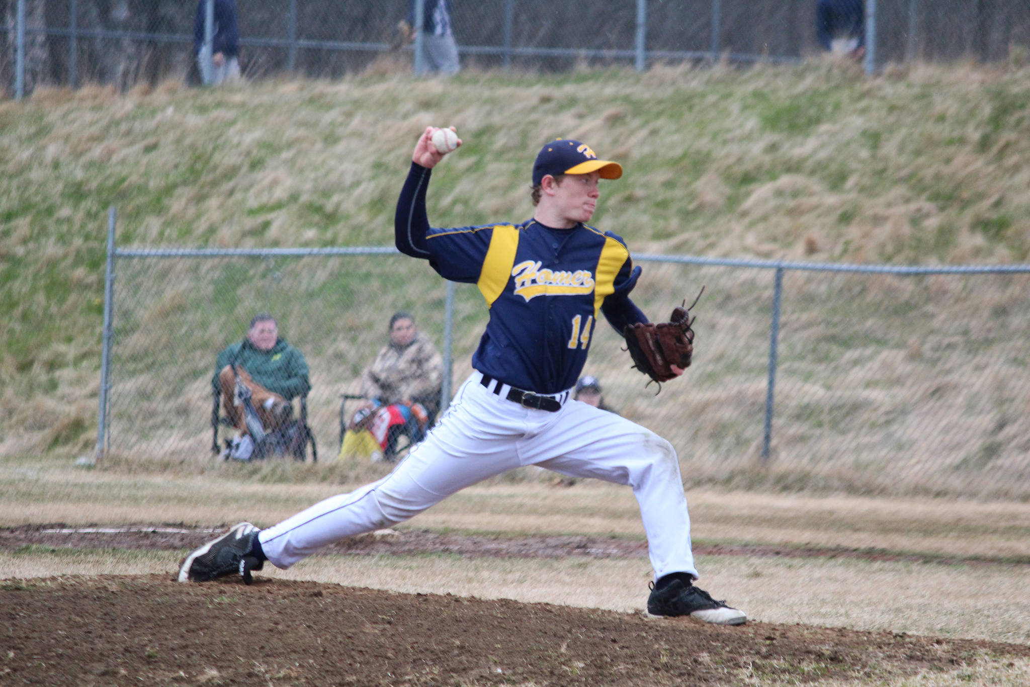 Homer’s Mose Hayes pitches during the Mariners’ game against Soldotna High School on May 10, 2018 at Homer High School in Homer, Alaska. (Homer News file photo)