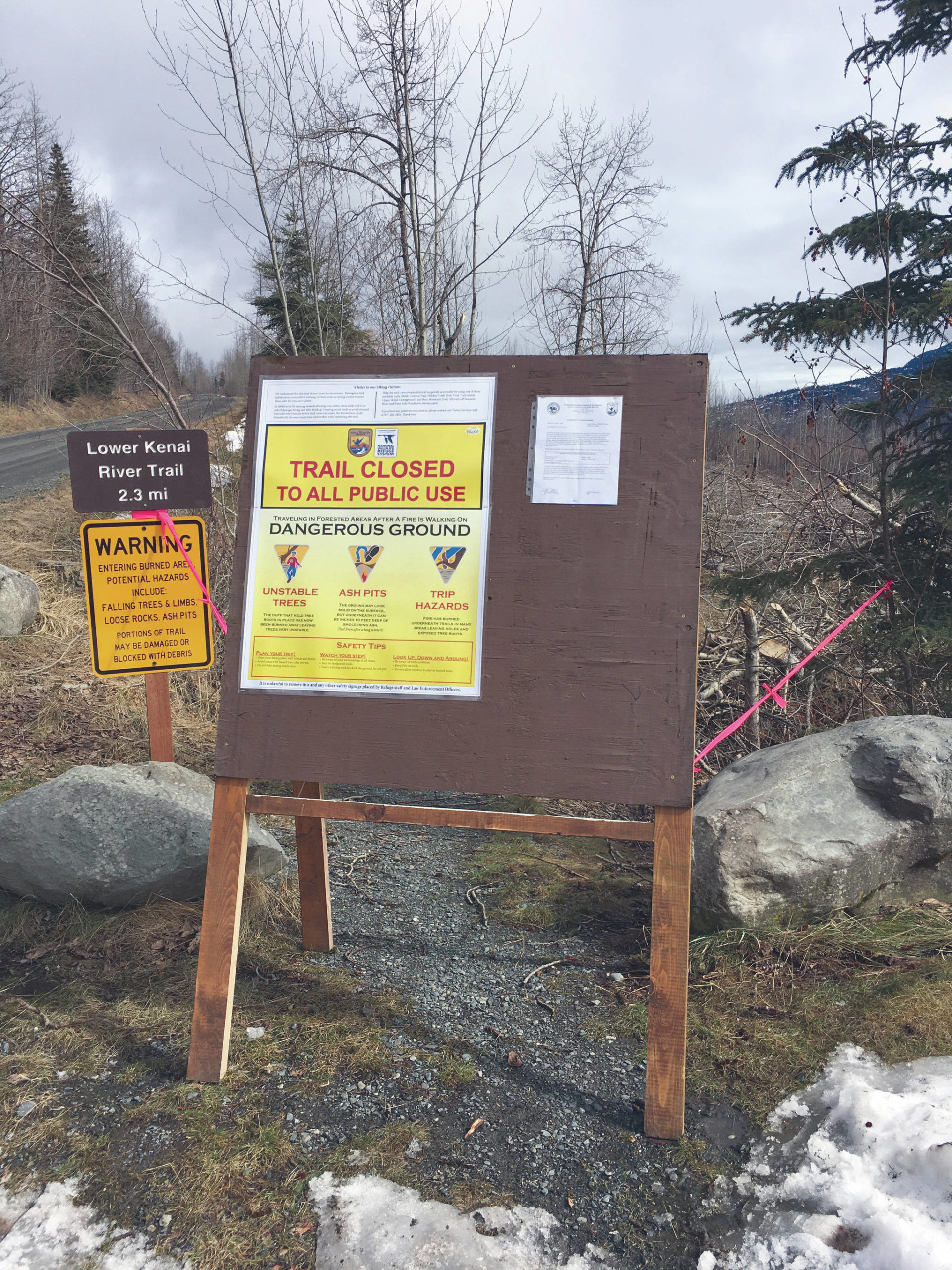 A trail barricade at the Lower Kenai River Trail warns hikers of trail closure due to the Swan Lake Fire. (Photo provided by Kenai National Wildlife Refuge)