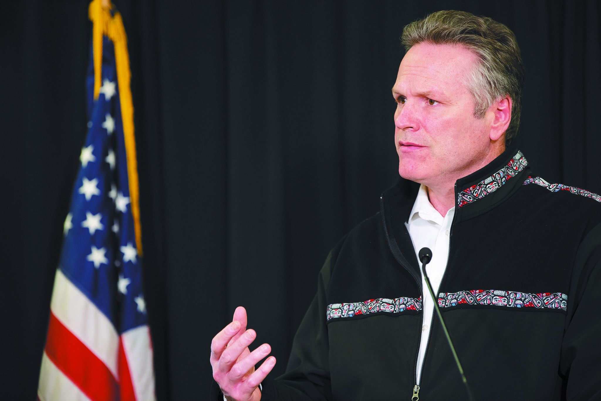 Gov. Mike Dunleavy speaks during a Thursday, April 9, 2020 press conference in the Atwood Building in Anchorage, Alaska. (Photo courtesy Office of the Governor)