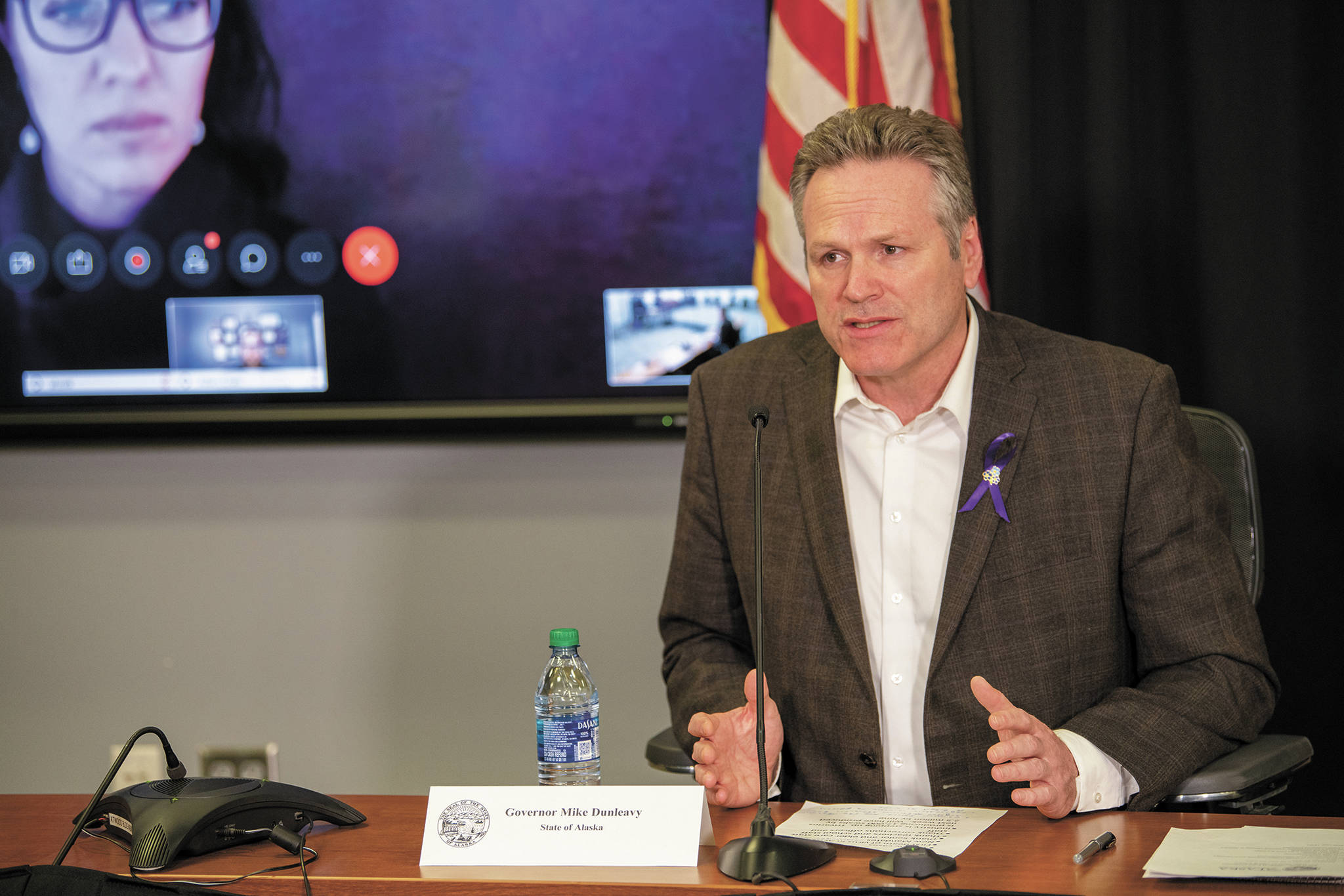 Gov. Mike Dunleavy speaks during a Friday, March 27, 2020 press conference in the Atwood Building in Anchorage, Alaska. (Photo courtesy Office of the Governor)