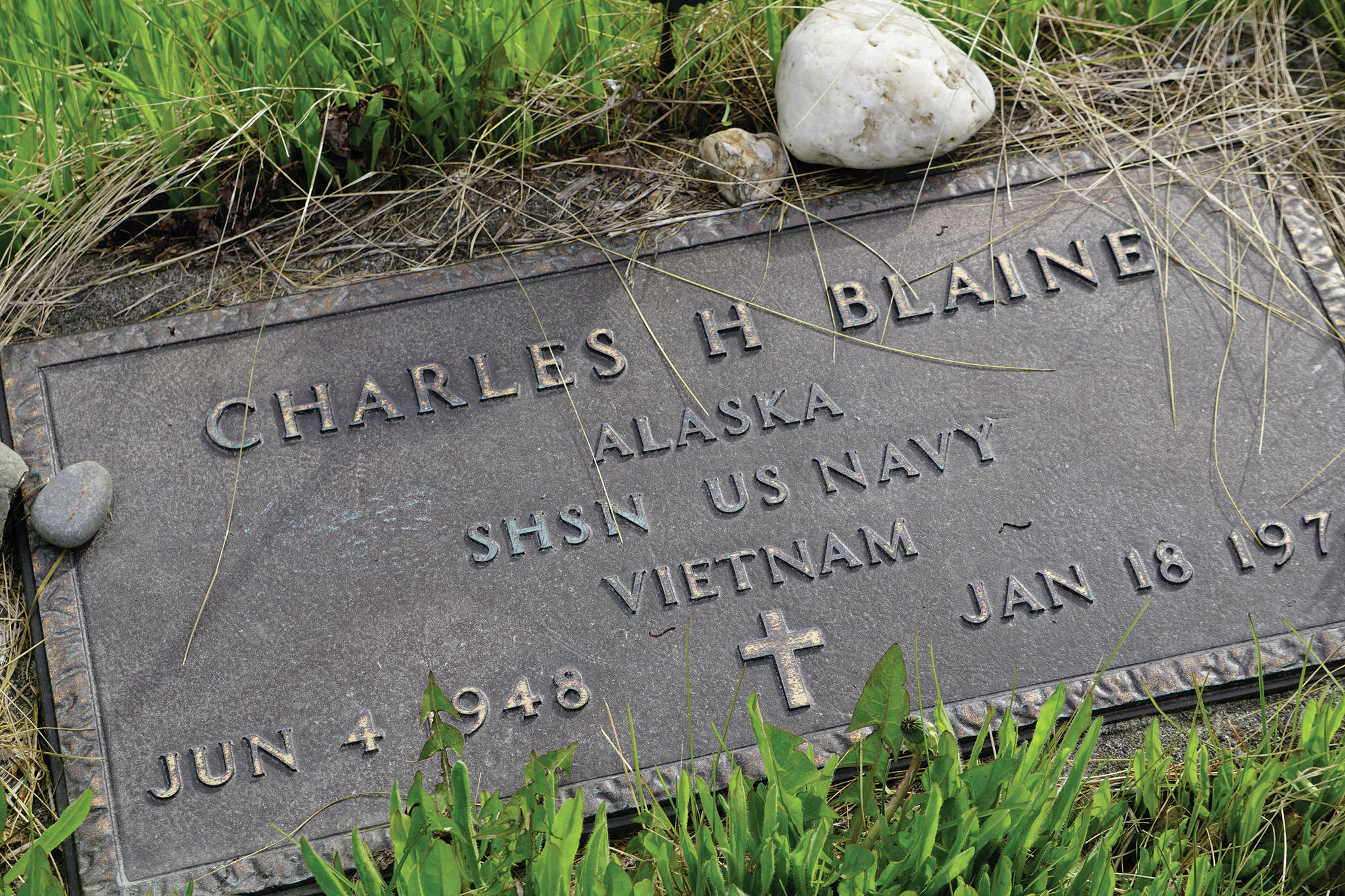 Vietnam War veteran Charles Blaine’s grave is one of many veterans who are buried in the Hickerson Memorial Cemetery on Diamond Ridge near Homer, Alaska. Memorial Day observances were held at the cemetery on Monday, May 25, 2020. (Photo by Michael Armstrong/Homer News)