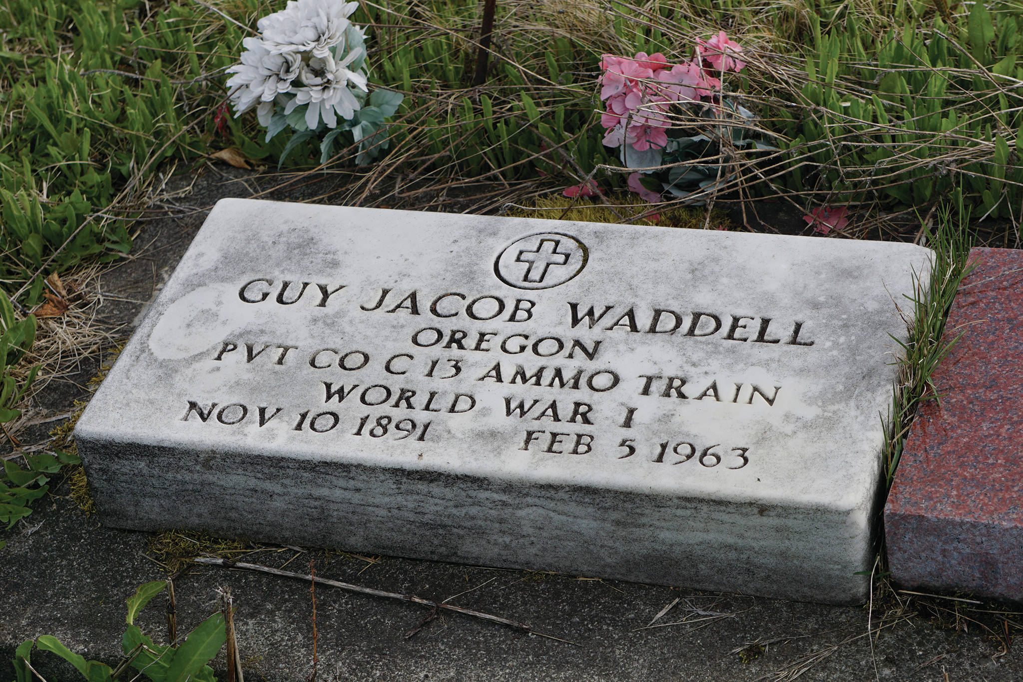 World War I veteran Guy Waddell’s grave is one of many veterans who are buried in the Hickerson Memorial Cemetery on Diamond Ridge near Homer, Alaska. Memorial Day observances were held at the cemetery on Monday, May 25, 2020. (Photo by Michael Armstrong/Homer News)