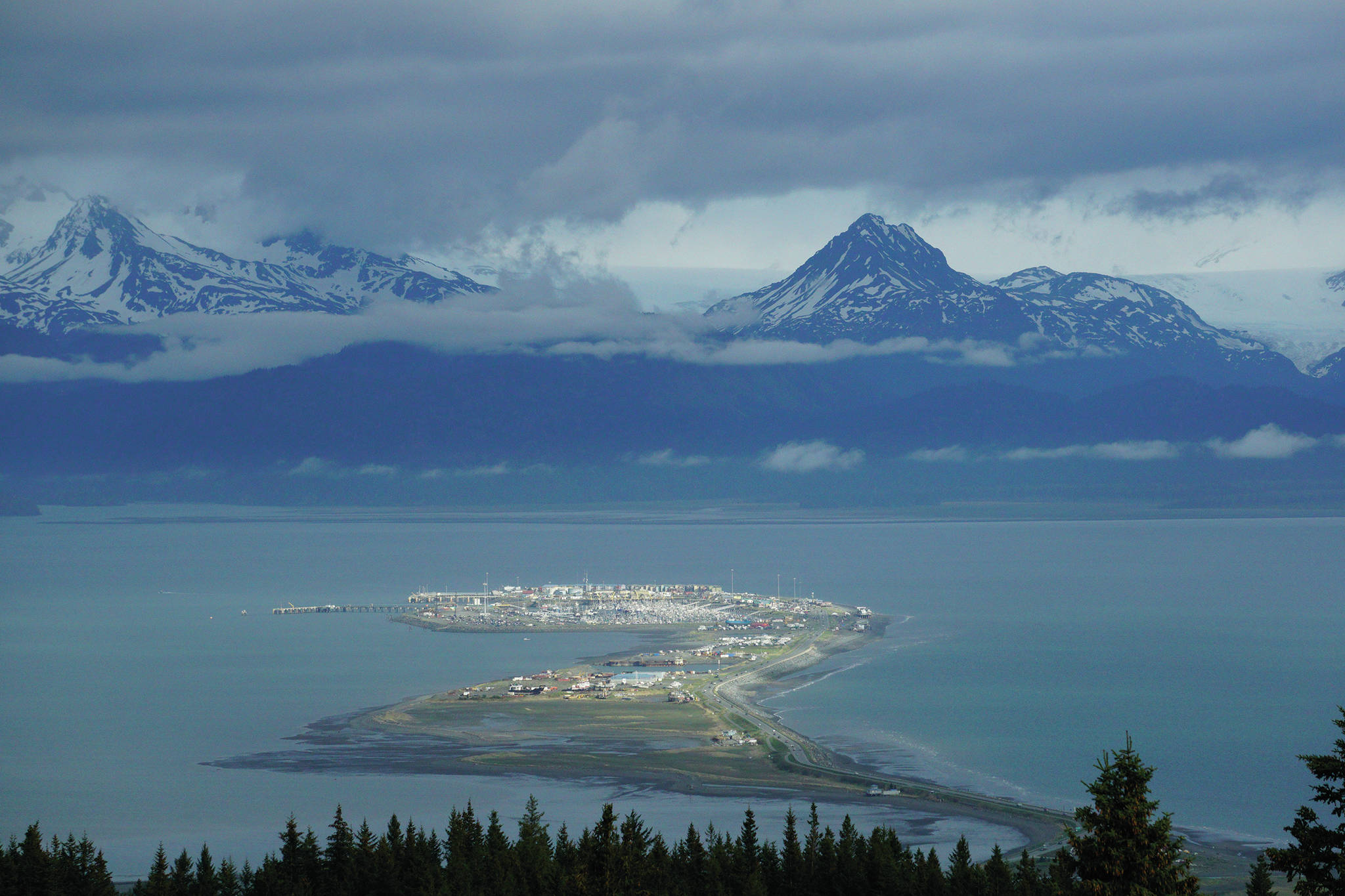 The Homer Spit glows in evening light on May 23, 2020, in Homer, Alaska. (Photo by Michael Armstrong/Homer News0