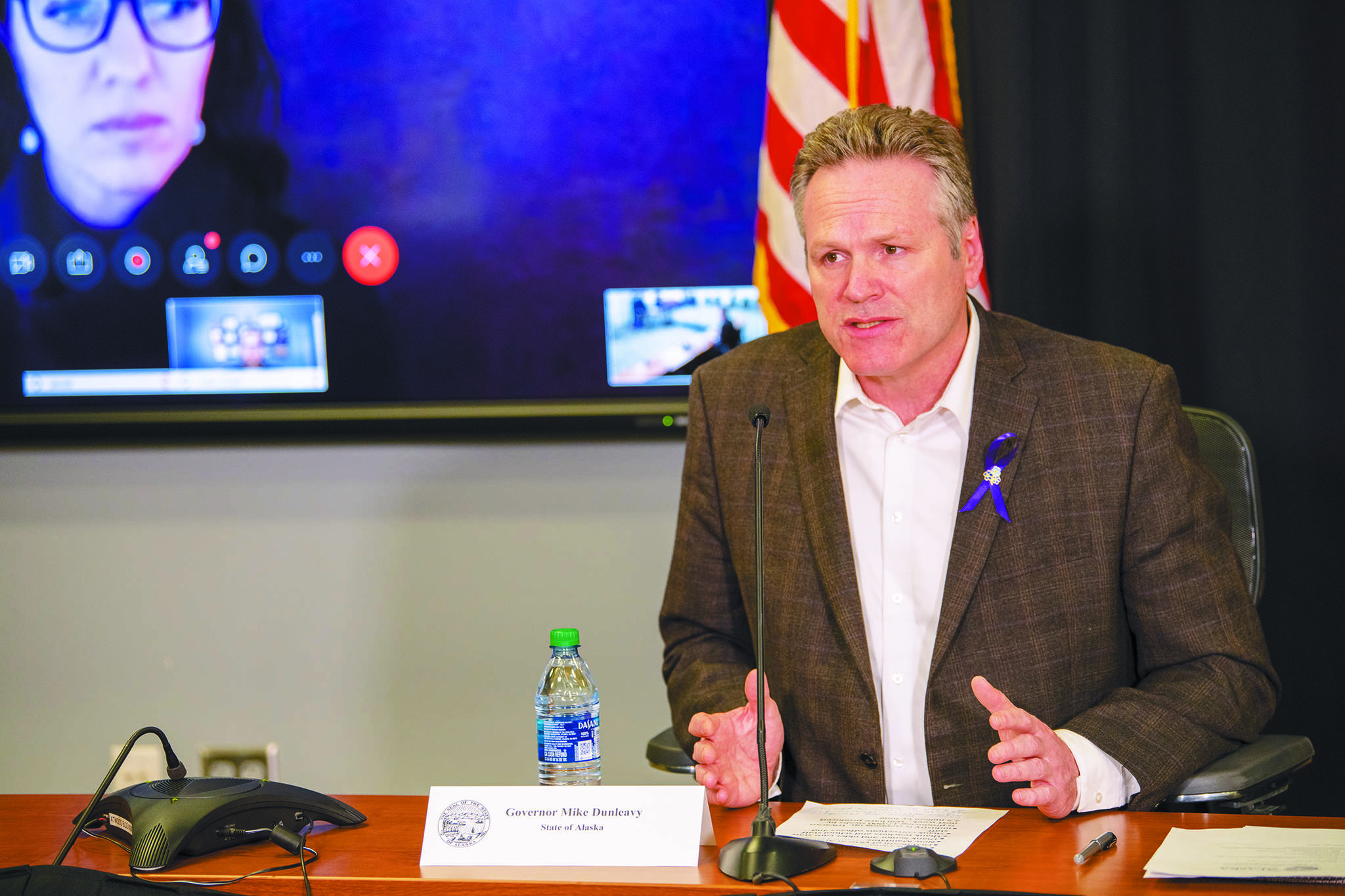 Gov. Mike Dunleavy speaks during a Friday, March 27, 2020 press conference in the Atwood Building in Anchorage, Alaska. (Photo courtesy Office of the Governor)