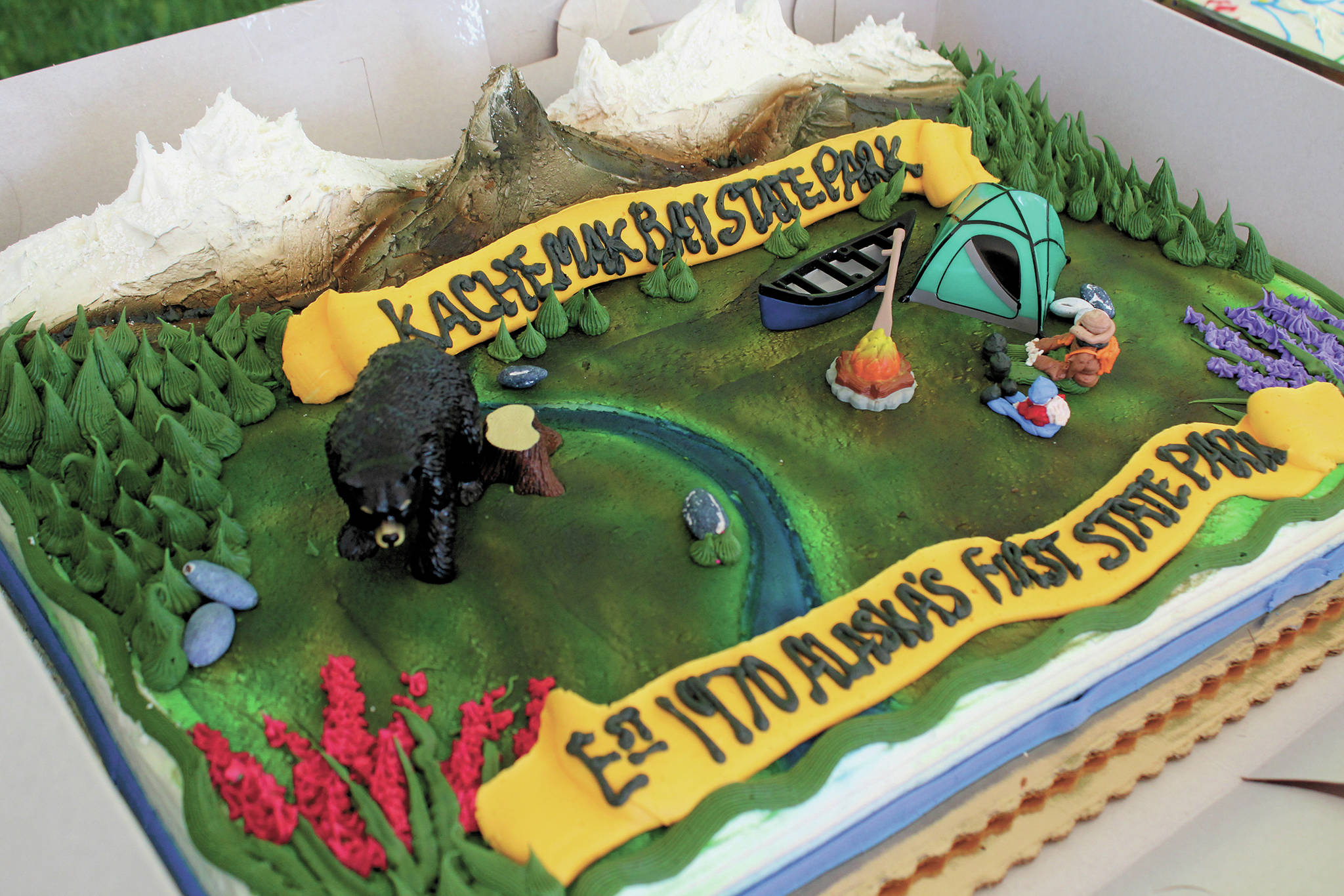 A special 50th anniversary cake sits waiting to be cut at a celebration for Kachemak Bay State Park on Saturday, June 6, 2020 at the Homer Chamber of Commerce & Visitor Center in Homer, Alaska. (Photo by Megan Pacer/Homer News)