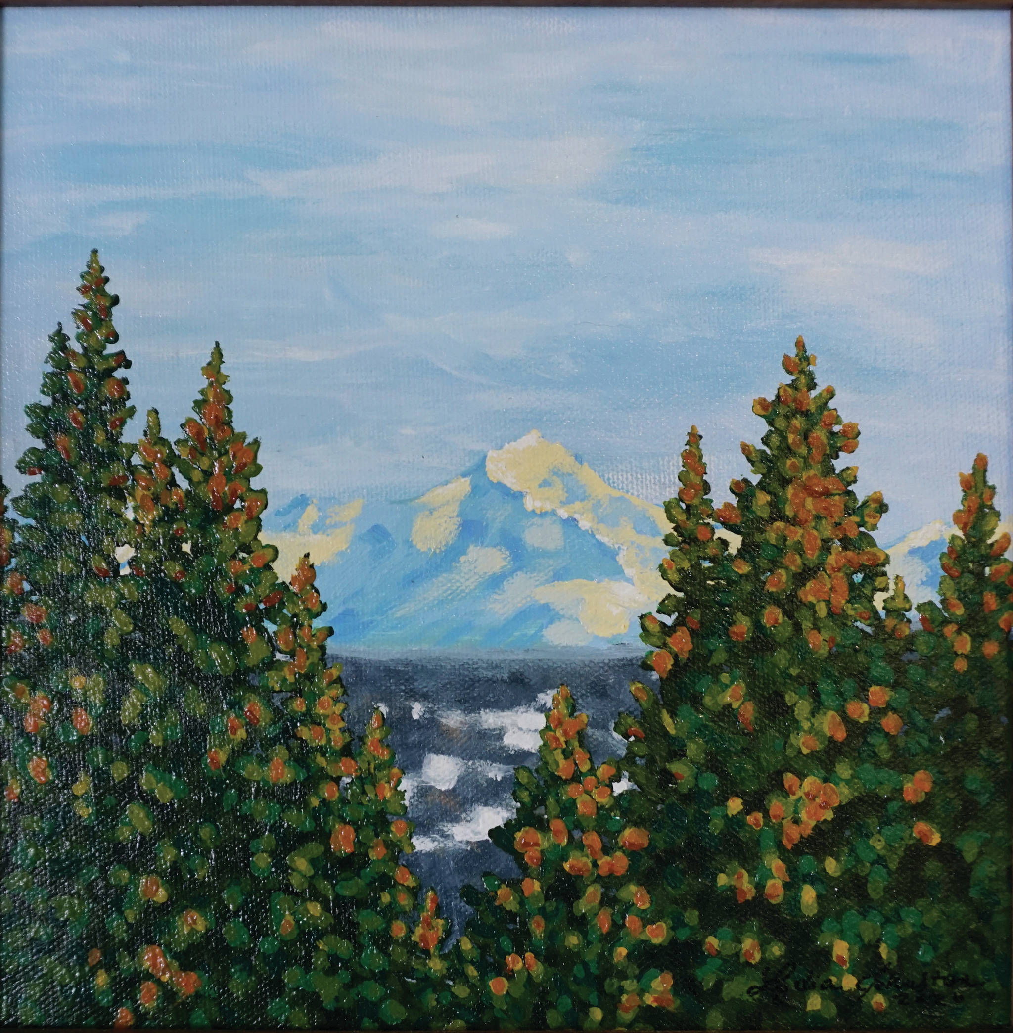 Lydia Johnston’s “Desk View,” one of the paintings from her show, “Dynamic Lighting in Alaska,” that opened June 5, 2020, at Grace Ridge Brewery in Homer, Alaska. (Photo by Michael Armstrong/Homer News)