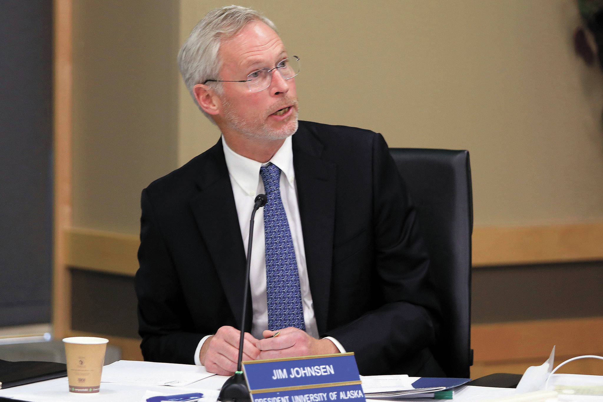In this July 30, 2019, file photo, University of Alaska President Jim Johnsen speaks at a meeting in Anchorage, Alaska. Johnsen, the embattled University of Alaska president, has resigned, the university announced Monday, June 22, 2020. The change in leadership was a mutual decision made after Johnsen consulted with the Board of Regents, according to a statement. His biography was immediately removed from the university’s web page. (AP Photo/Dan Joling, File)