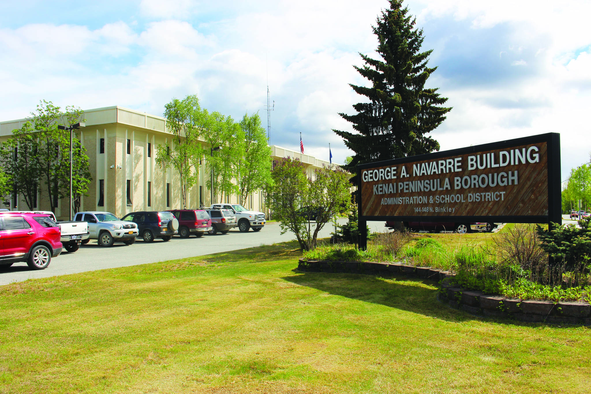 The entrance to the Kenai Peninsula Borough building in Soldotna is seen here on June 1. (Photo by Brian Mazurek/Peninsula Clarion)