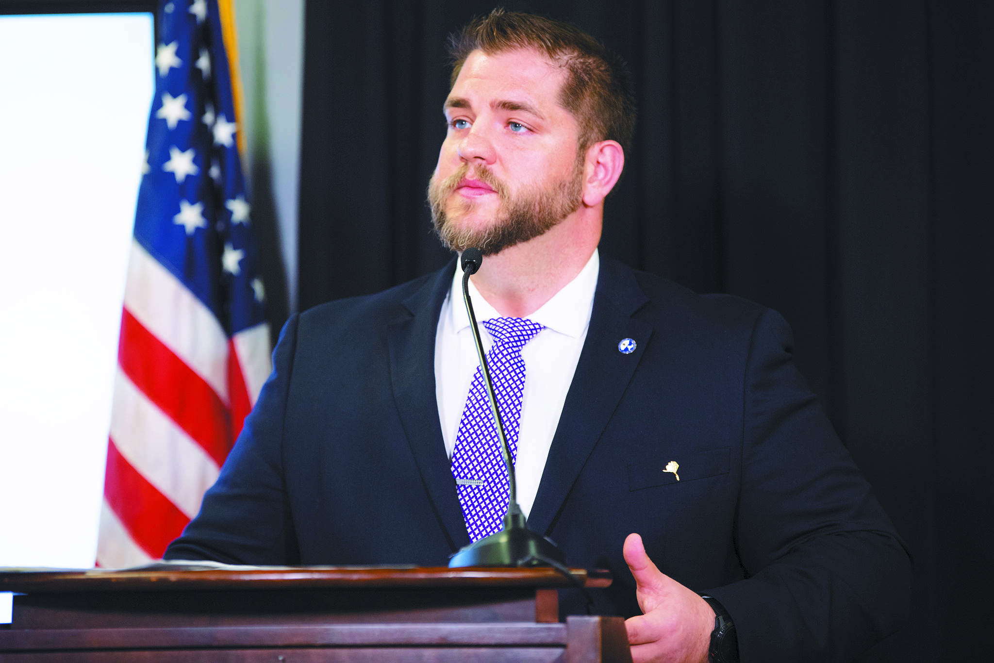 Alaska Department of Health and Social Services Commissioner Adam Crum speaks during a Tuesday, April 7, 2020 press conference in the Atwood Building in Anchorage, Alaska. (Photo courtesy Office of the Governor)