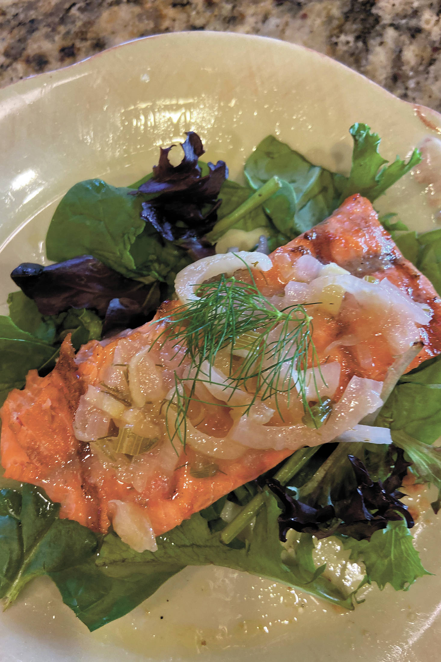 A salmon dish is ready to eat, prepared by Teri Robl in her Homer, Alaska kitchen. (Photo by Teri Robl)