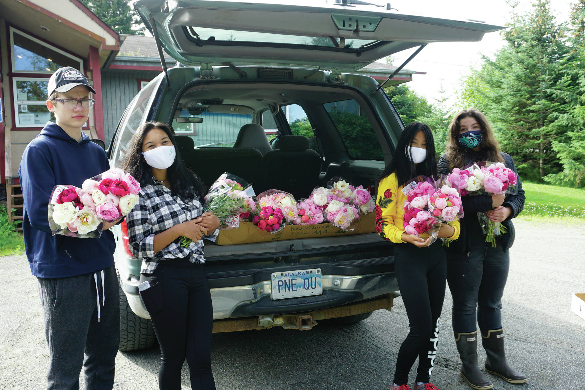 Homer High School students working on a service project hold some of the peonies they delivered on Tuesday, Aug. 4, 2020, to 150 Homer, Alaska, area businesses, nonprofits and institutions — organizations with frontline employees working during the COVID-19 pandemic. Places receiving peonies included South Peninsula Hospital, Long Term Care, the Homer Senior Center and South Peninsula Haven House. The peonies were donated by Alaska Perfect Peonies by owner Rita Jo Shoultz and were left over from this year’s crop of the decorative flower. From left to right are Gideon McGhee, Angelia McGhee, Sameah McGhee and Lucinda Maryott. (Photo by Michael Armstrong/Homer News)