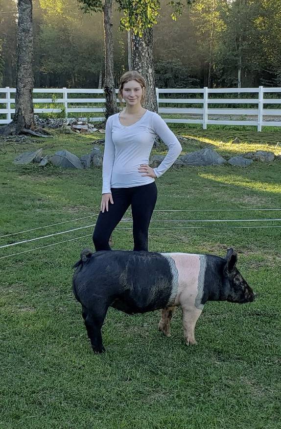 Destiny Martin shows off her swine that will be sold at the 2020 Kenai Peninsula 4-H Junior Market Livestock Auction in this undated photo. (Photo courtesy Cassy Rankin)