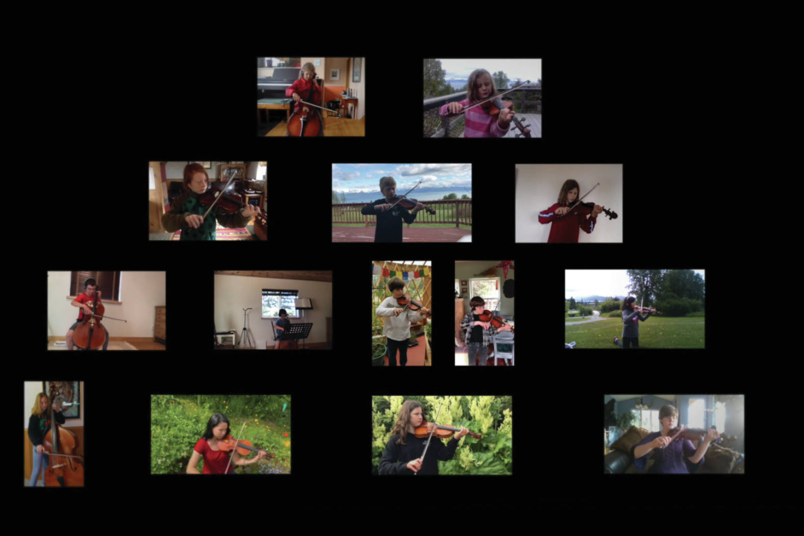 The Homer Youth String Orchestra Club performs in an edited sequence of recorded video performances. (Screenshot courtesy of Homer String Orchestra Club)