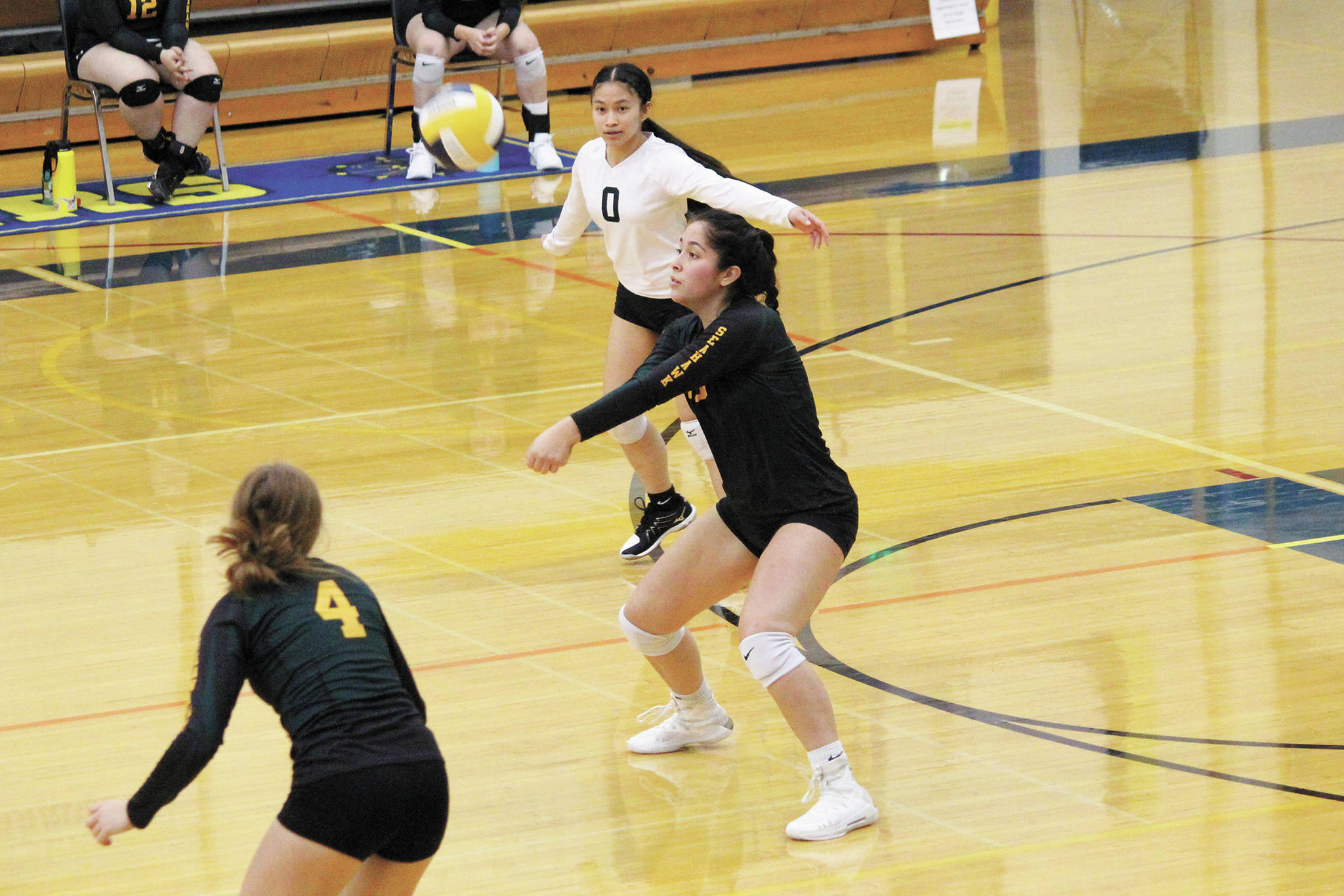 Seward’s Selma Casagranda digs the ball during a volleyball game against the Homer Mariners on Friday, Sept. 4, 2020 at the Alice Witte Gymnasium in Homer, Alaska. (Photo by Megan Pacer/Homer News)