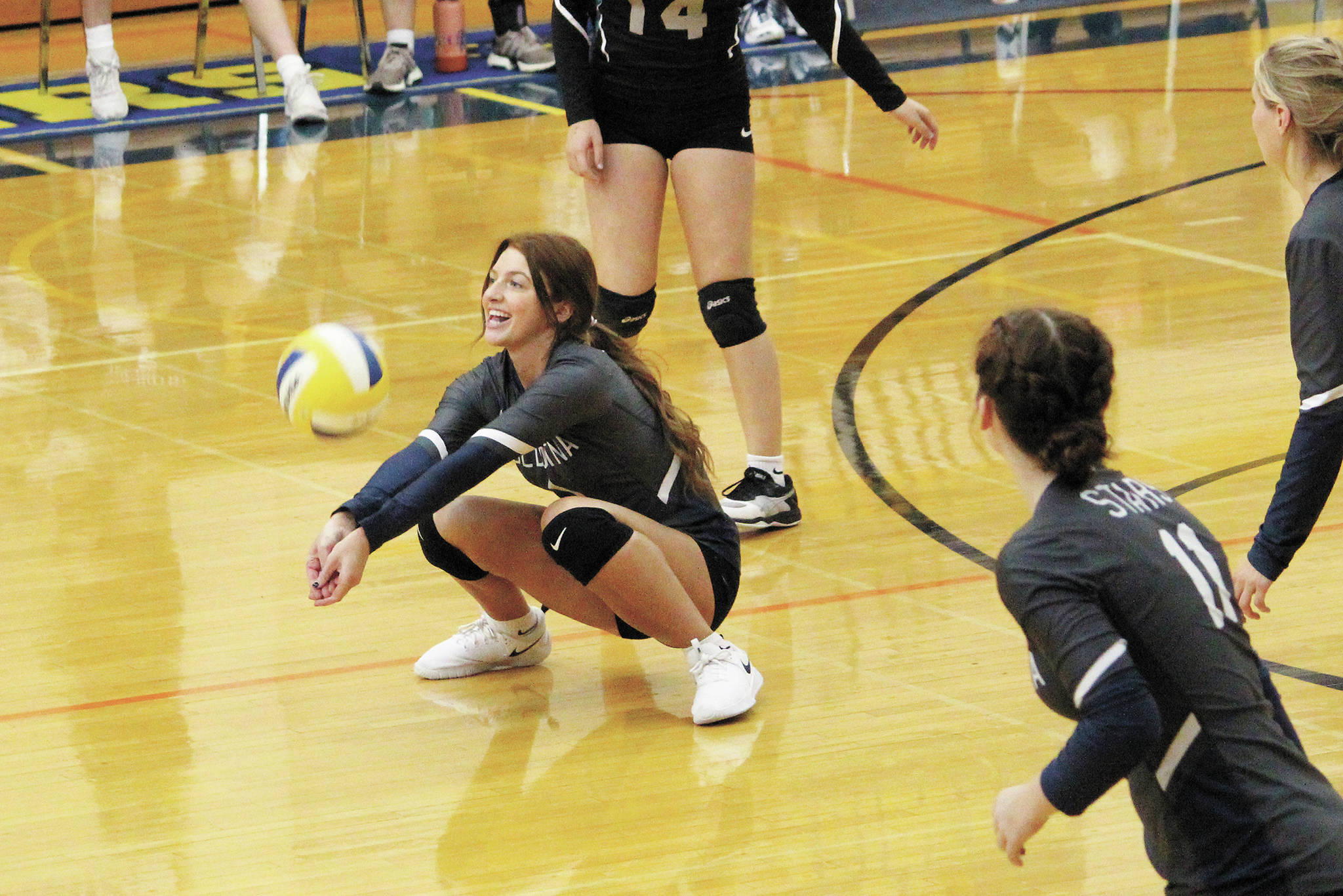Soldotna’s Sarah Rice digs the ball during a Tuesday, Sept. 22, 2020 volleyball game against Homer High School in the Alice Witte Gymnasium in Homer, Alaska. (Photo by Megan Pacer/Homer News)