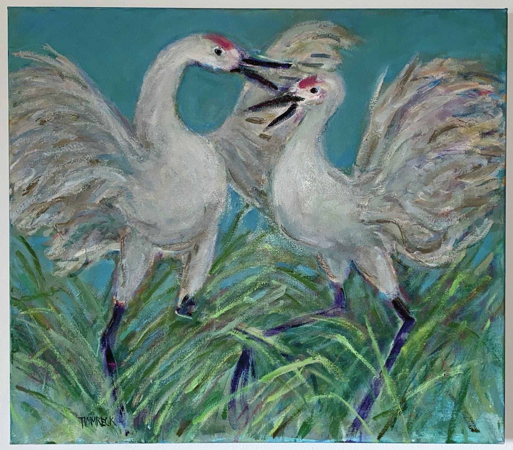Shirley Timmreck’s “Dancing Cranes” is one of the works of art shown at Grace Ridge Brewery for its October 2020 show benefiting South Peninsula Haven House in Homer, Alaska. (Photo courtesy of South Peninsula Haven House)