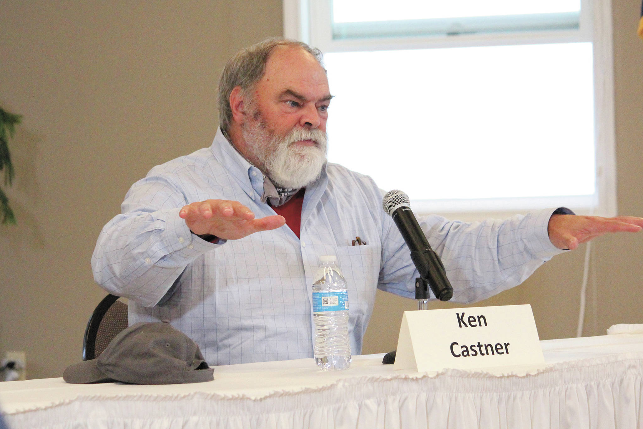 Homer Mayor Ken Castner, who is running for reelection, speaks during a candidate forum held Thursday, Sept. 24, 2020 by the Homer Chamber of Commerce & Visitor Center at Land’s End Resort in Homer, Alaska. (Photo by Megan Pacer/Homer News)