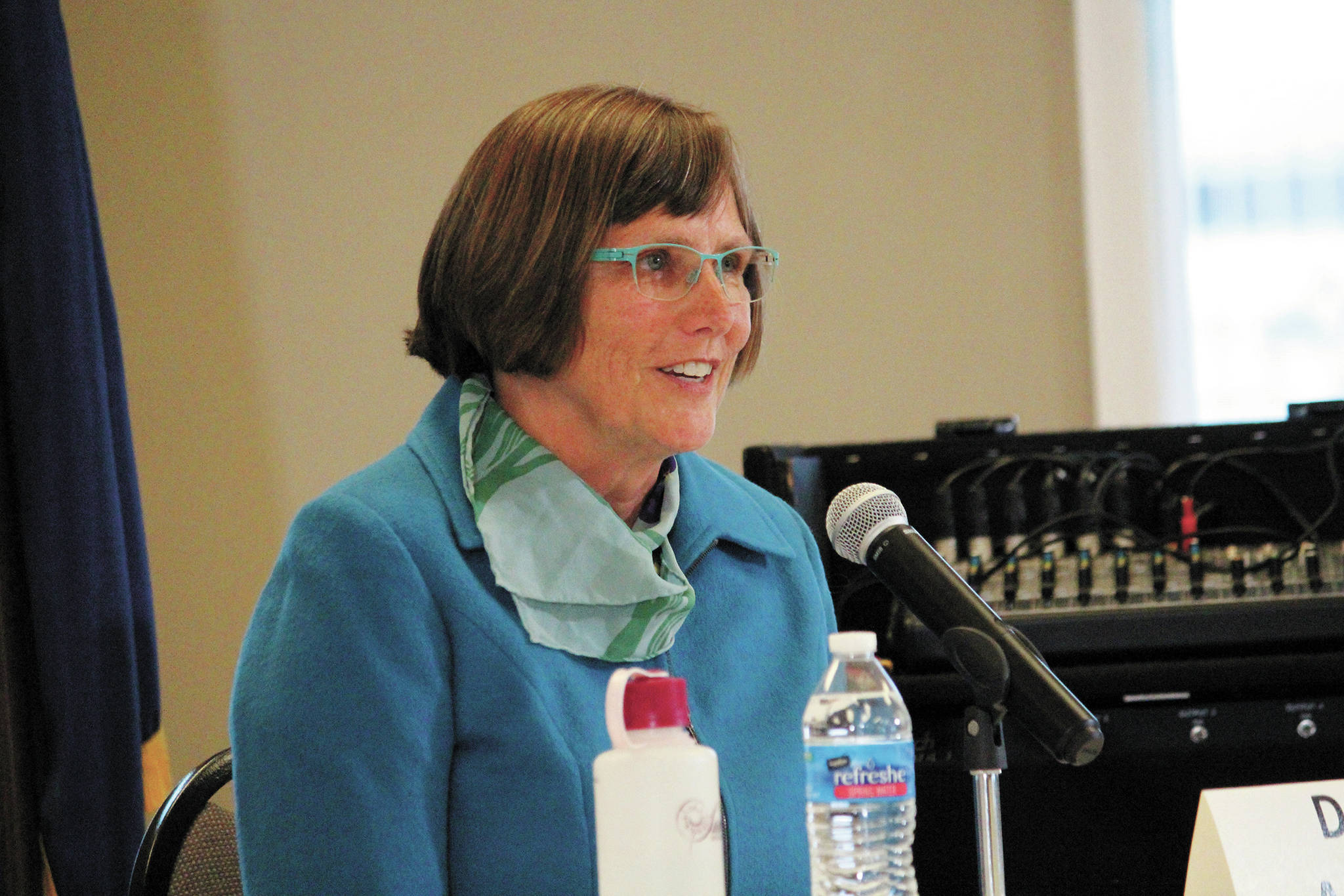 Homer City Council member Donna Aderhold, who is running for Homer mayor in the Oct. 6 election, speaks during a candidate forum held Thursday, Sept. 24, 2020 by the Homer Chamber of Commerce & Visitor Center at Land’s End Resort in Homer, Alaska. (Photo by Megan Pacer/Homer News)