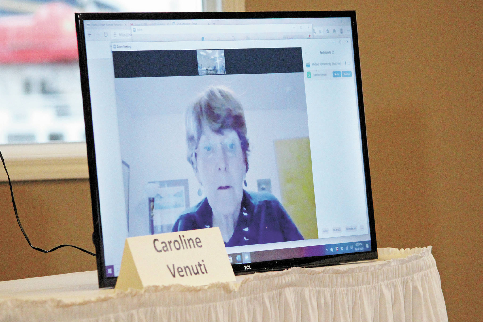 Homer City Council member Caroline Venuti, who is running for reelection on Oct. 6, speaks via Zoom during a candidate forum held Thursday, Sept. 24, 2020 by the Homer Chamber of Commerce & Visitor Center at Land’s End Resort in Homer, Alaska. (Photo by Megan Pacer/Homer News)