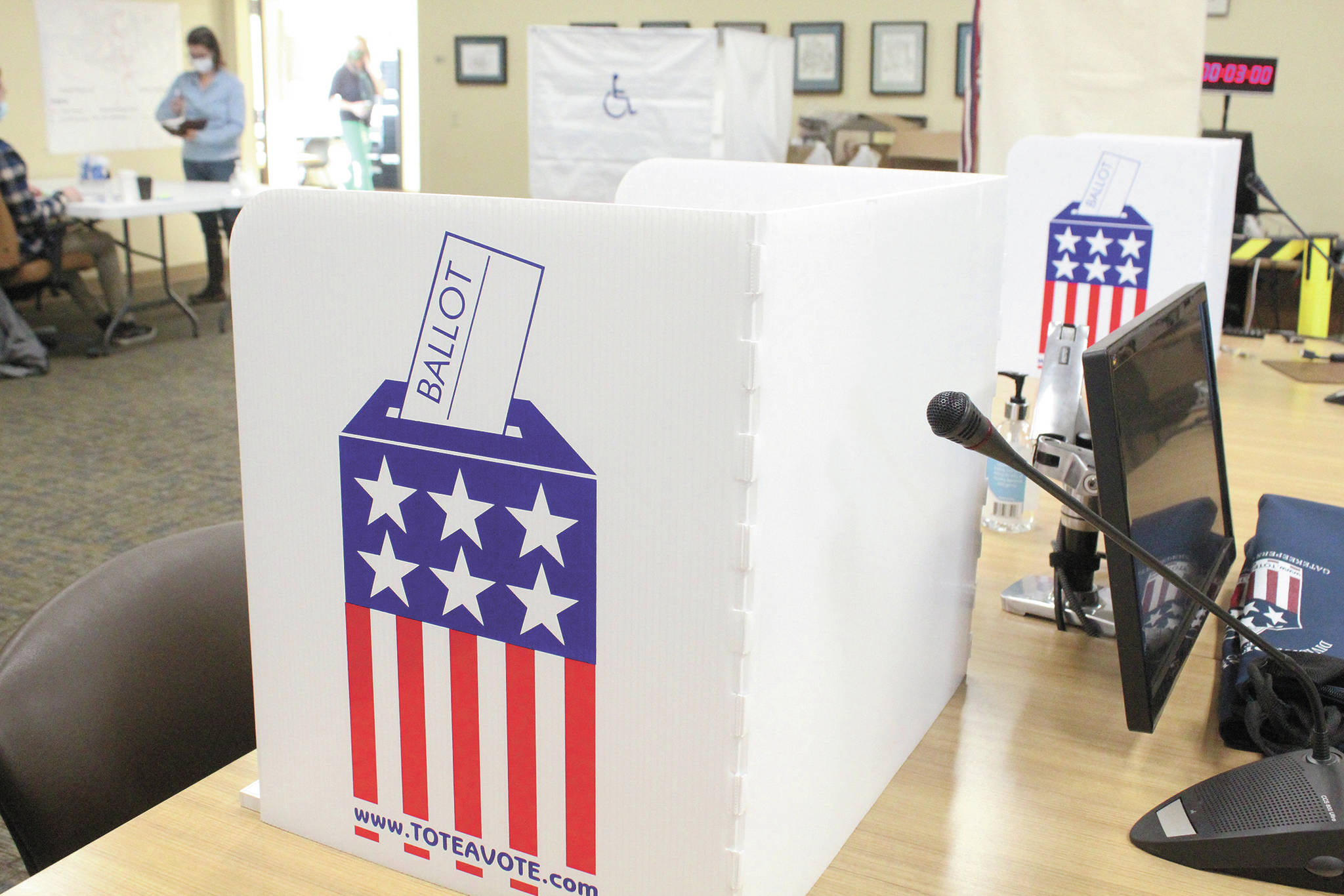 Voting stations sit ready in Homer City Hall during the regular municipal election Tuesday, Oct. 6, 2020 in Homer, Alaska. (Photo by Megan Pacer/Homer News)