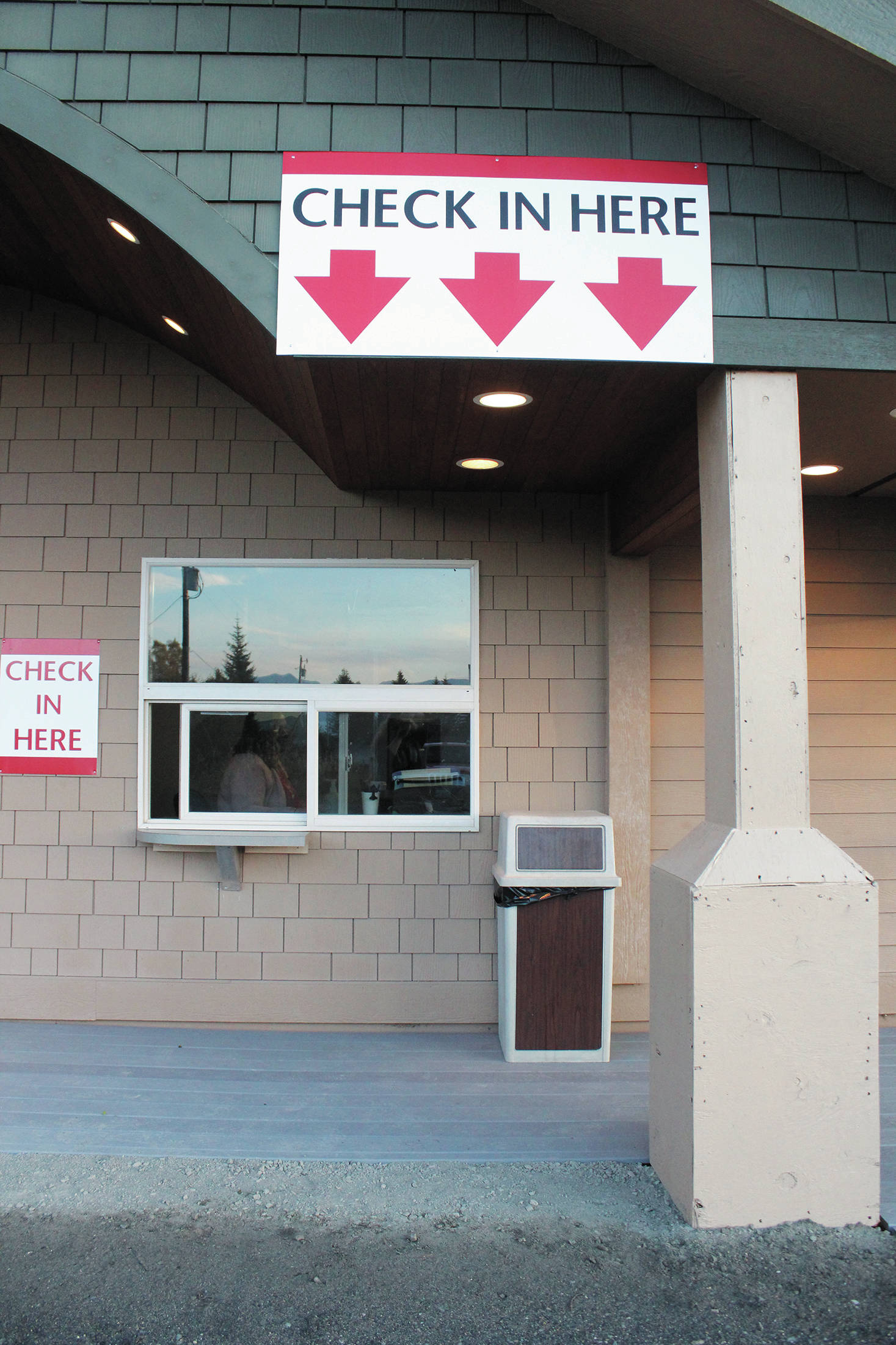 Signs direct people where to register at South Peninsula Hospital’s new COVID-19 testing site at 4201 Bartlett Street, the lower level of the hospital’s specialty clinic, as seen here on Tuesday, Oct. 6, 2020 in Homer, Alaska. (Photo by Megan Pacer/Homer News)