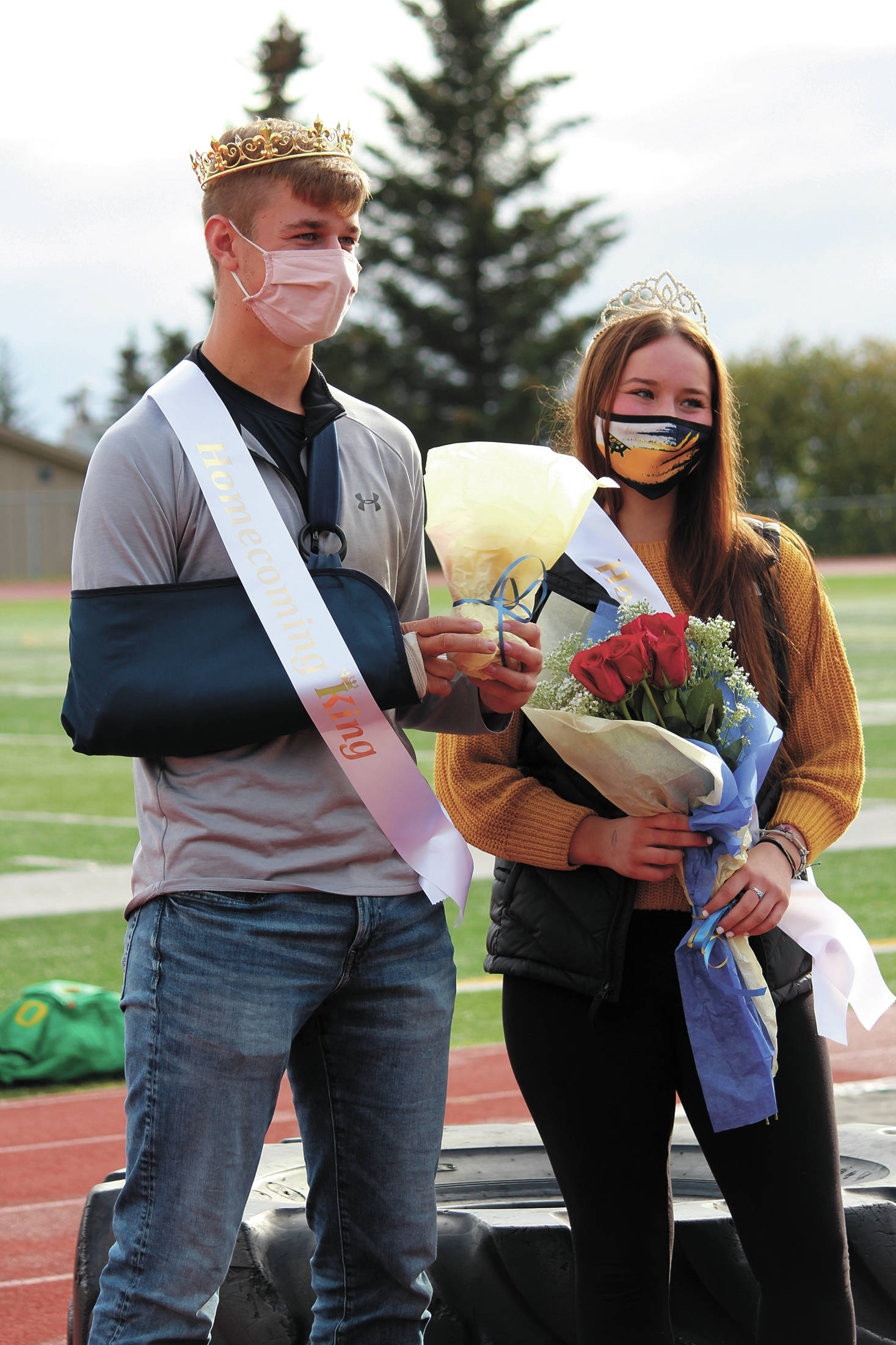 Seniors Clayton Beachy and Mary Black are crowned this year’s homecoming king and queen during halftime at Homer High School’s homecoming game Saturday, Oct. 3, 2020 in Homer, Alaska. (Photo by Megan Pacer/Homer News)