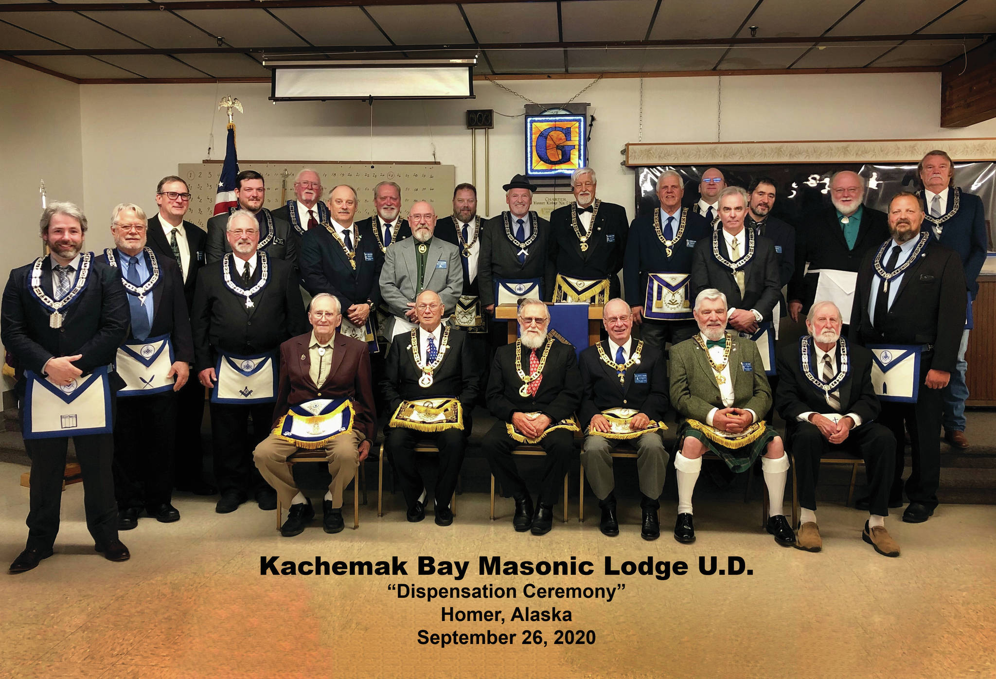 Members of the Kachemak Bay Masonic Lodge U.D. (Under Dispensation) and other Alaska Masons pose for a photo at a dispensation ceremony on Sept. 26, 2020, at the Homer Elks Lodge in Homer, Alaska. (Photo courtesy of Kachemak Bay Masonic Lodge U.D.)