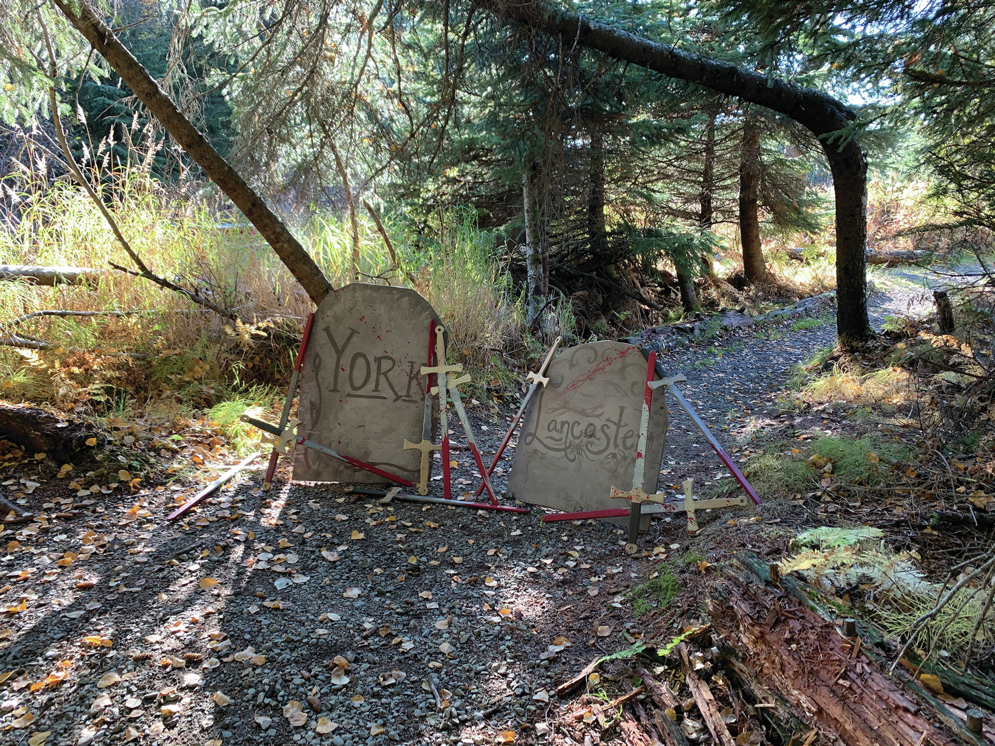 Some props from “Haunted Shakespeare” in a photo taken Oct. 12, 2020, at the Pratt Museum forest trail in Homer, Alaska. (Photo courtesy Pier One Theatre)