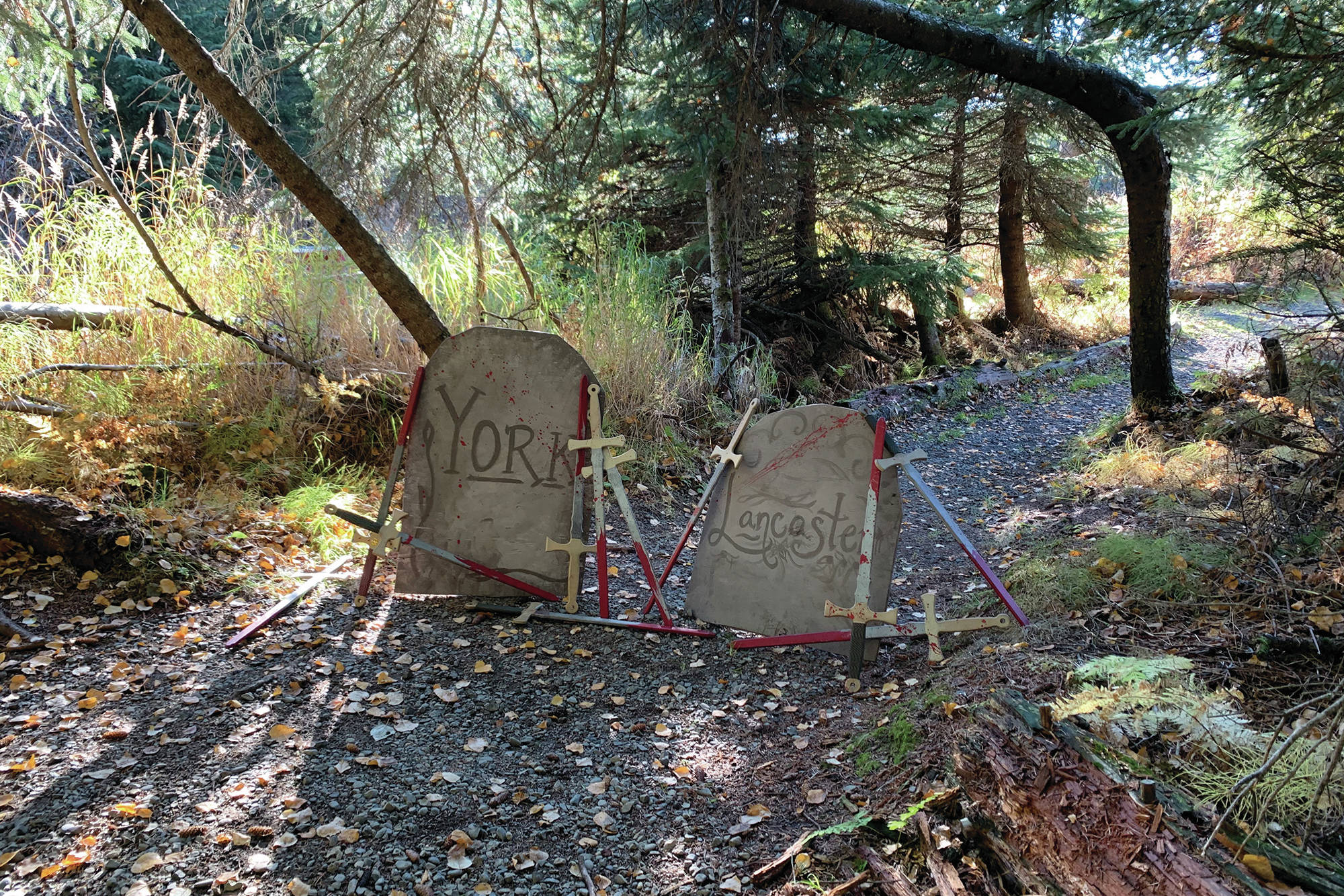 Some props from "Haunted Shakespeare" in a photo taken Oct. 12, 2020, at the Pratt Museum forest trail in Homer, Alaska. (Photo courtesy Pier One Theatre)