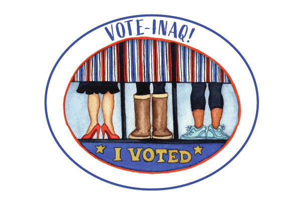 This “I voted” sticker in Aleut by artist Barbara Lavallee is part of the Alaska Division of Elections 2020 stickers designed to “depict the diversity, strength and power of Alaskan women,” according to an Oct. 12, 2020, press release from the Division of Elections. The designs feature the words “I voted” in English, Spanish, Koyukon, Gwich’in, Aleut, Tagalog, Alutiiq, Northern Inupiaq, Nunivak Cup’ig, and Yup’ik, and will be available at polling places for the Nov. 3 general election as well as online. (Photo courtesy Alaska Division of Elections)