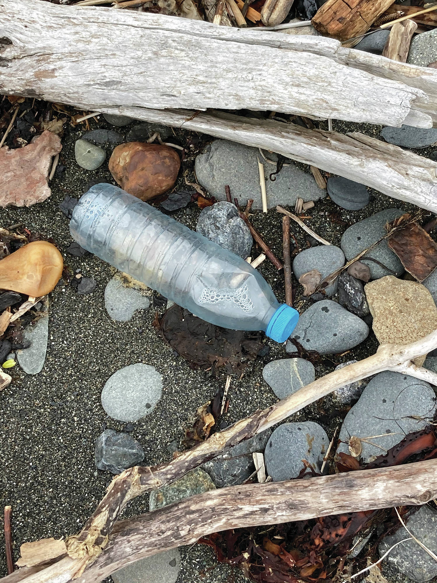 This Chinese water bottle is among items found on a CoastWalk done on Sunday, Oct. 4, 2020, on the Diamond Creek beach near Homer, Alaska. (Photo by Michael Armstrong/Homer News)