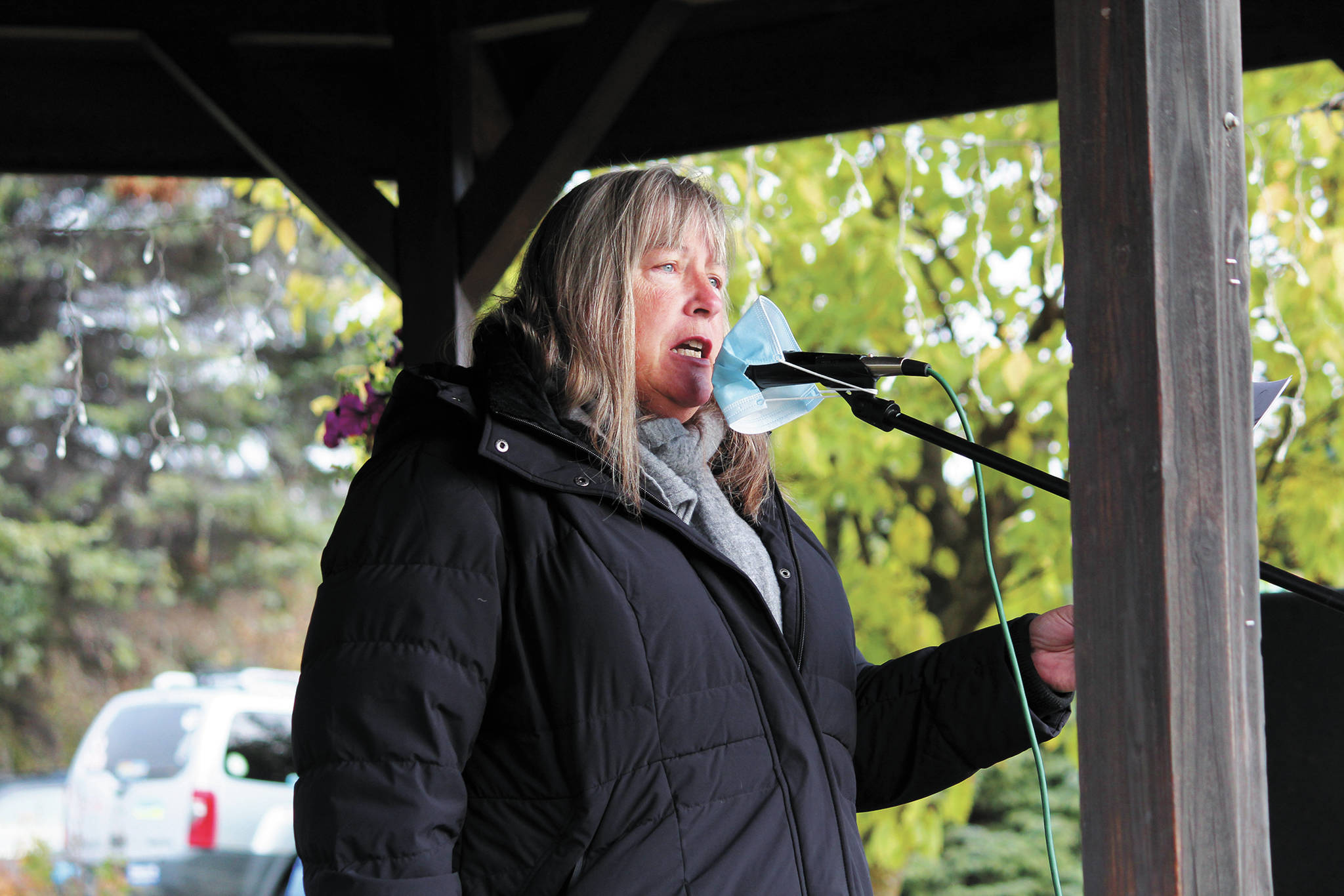 Julia Person speaks at a rally to commemorate Ruth Bader Ginsburg and protest swift action to replace her on the Supreme Court held Saturday, Oct. 17, 2020 at WKFL Park in Homer, Alaska. (Photo by Megan Pacer/Homer News)