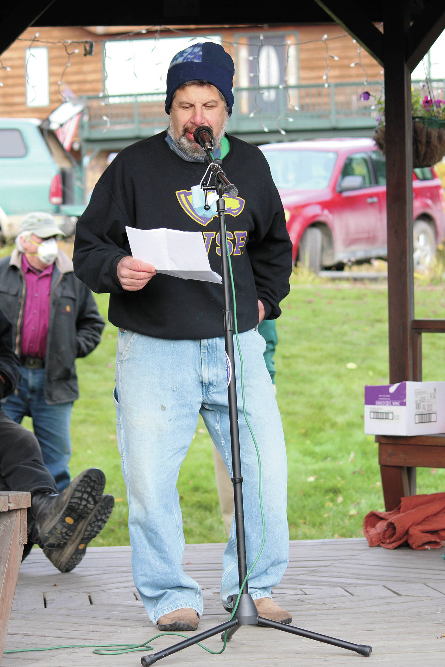 Alex Koplin speaks during a rally to commemorate Ruth Bader Ginsburg and protest swift action to replace her on the Supreme Court on Saturday, Oct. 17, 2020 at WKFL Park in Homer, Alaska. (Photo by Megan Pacer/Homer News)
